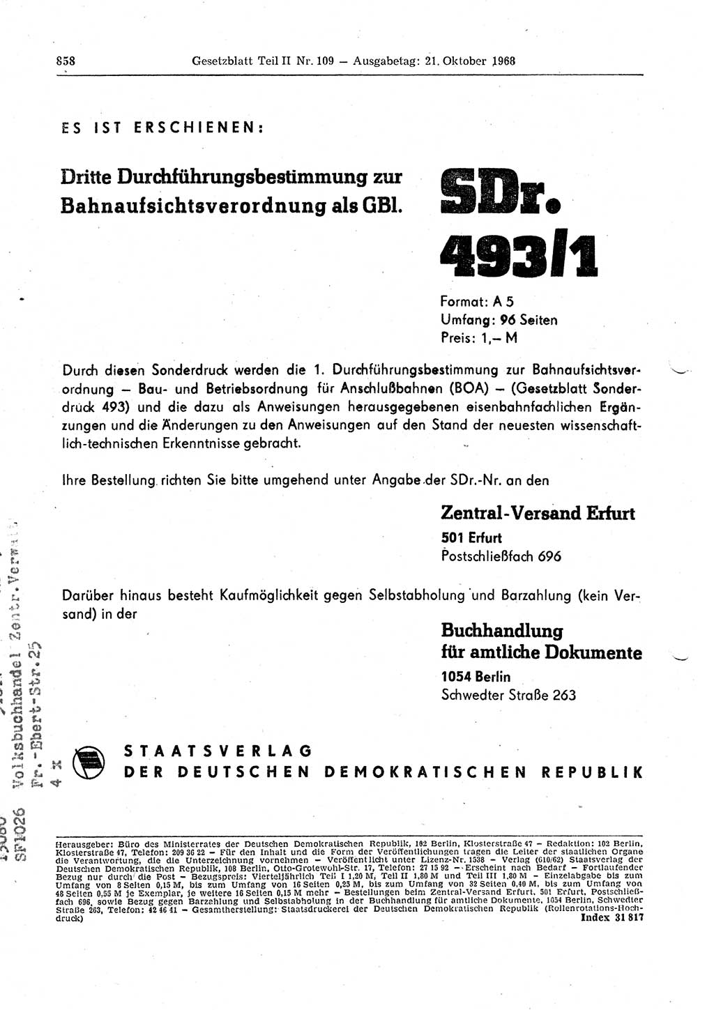 Gesetzblatt (GBl.) der Deutschen Demokratischen Republik (DDR) Teil ⅠⅠ 1968, Seite 858 (GBl. DDR ⅠⅠ 1968, S. 858)