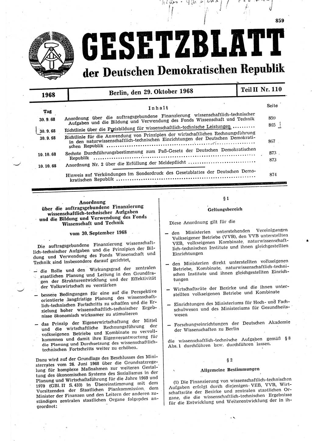 Gesetzblatt (GBl.) der Deutschen Demokratischen Republik (DDR) Teil ⅠⅠ 1968, Seite 859 (GBl. DDR ⅠⅠ 1968, S. 859)
