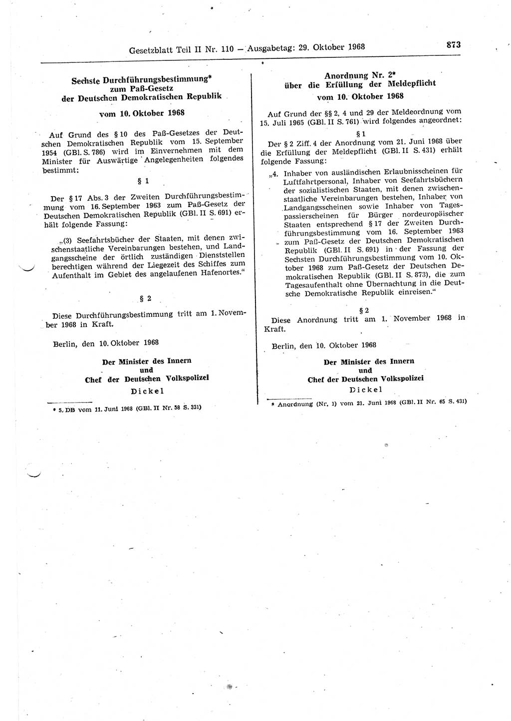 Gesetzblatt (GBl.) der Deutschen Demokratischen Republik (DDR) Teil ⅠⅠ 1968, Seite 873 (GBl. DDR ⅠⅠ 1968, S. 873)