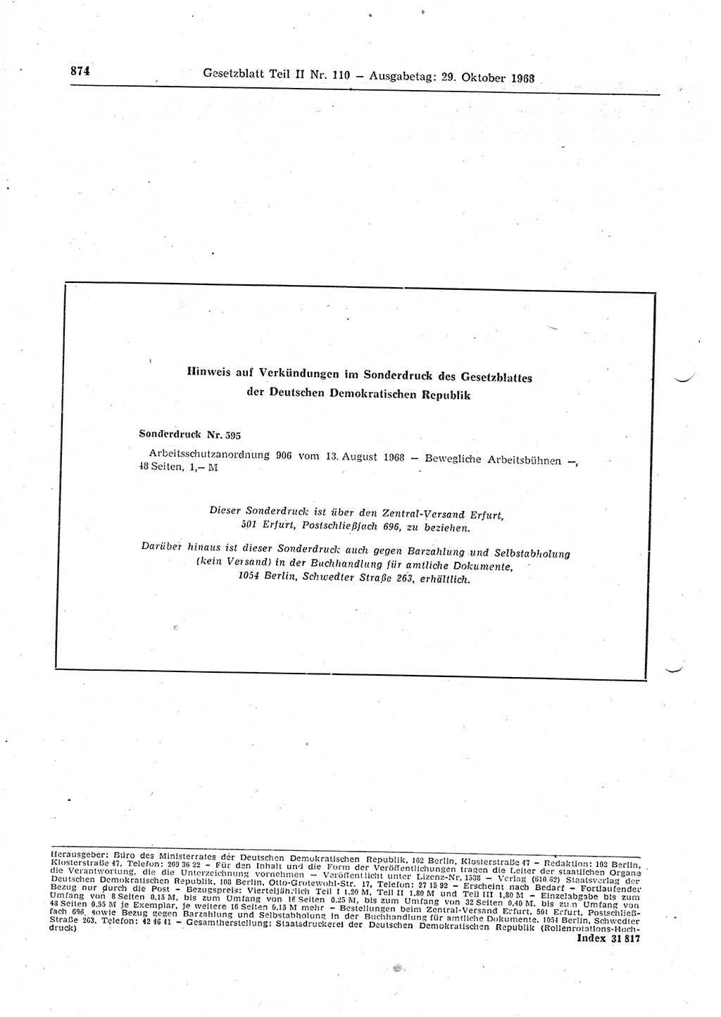 Gesetzblatt (GBl.) der Deutschen Demokratischen Republik (DDR) Teil ⅠⅠ 1968, Seite 874 (GBl. DDR ⅠⅠ 1968, S. 874)