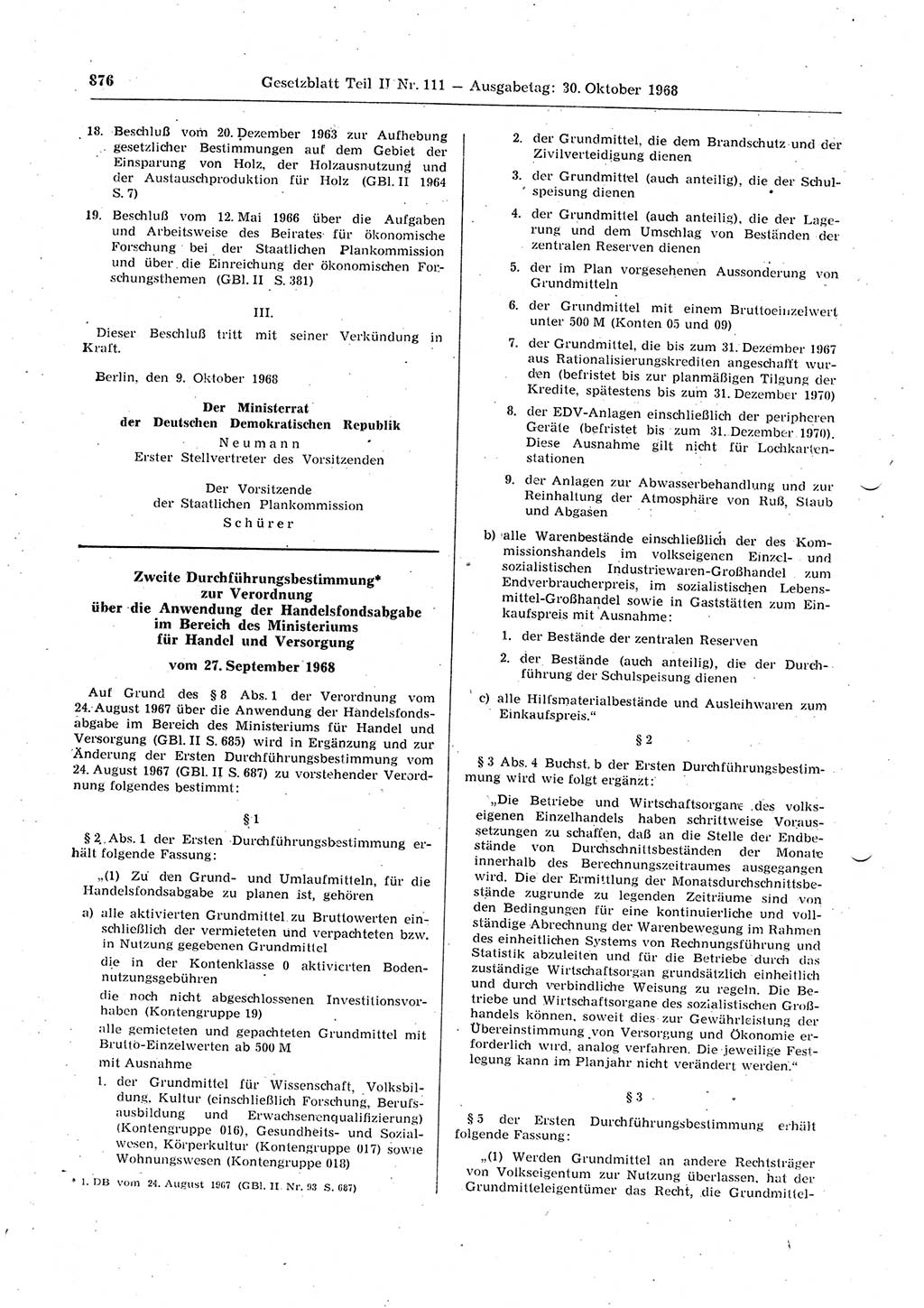 Gesetzblatt (GBl.) der Deutschen Demokratischen Republik (DDR) Teil ⅠⅠ 1968, Seite 876 (GBl. DDR ⅠⅠ 1968, S. 876)