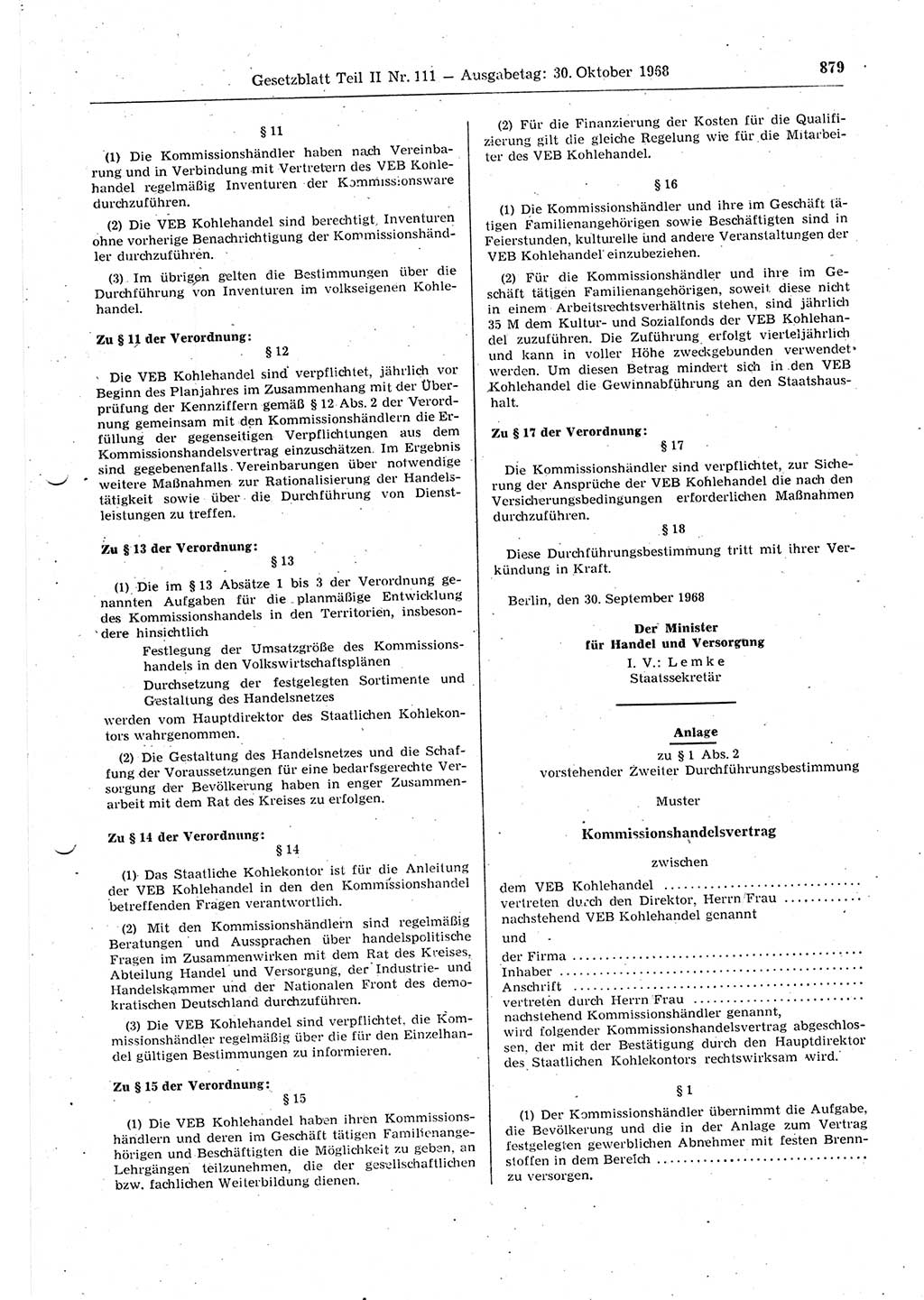 Gesetzblatt (GBl.) der Deutschen Demokratischen Republik (DDR) Teil ⅠⅠ 1968, Seite 879 (GBl. DDR ⅠⅠ 1968, S. 879)