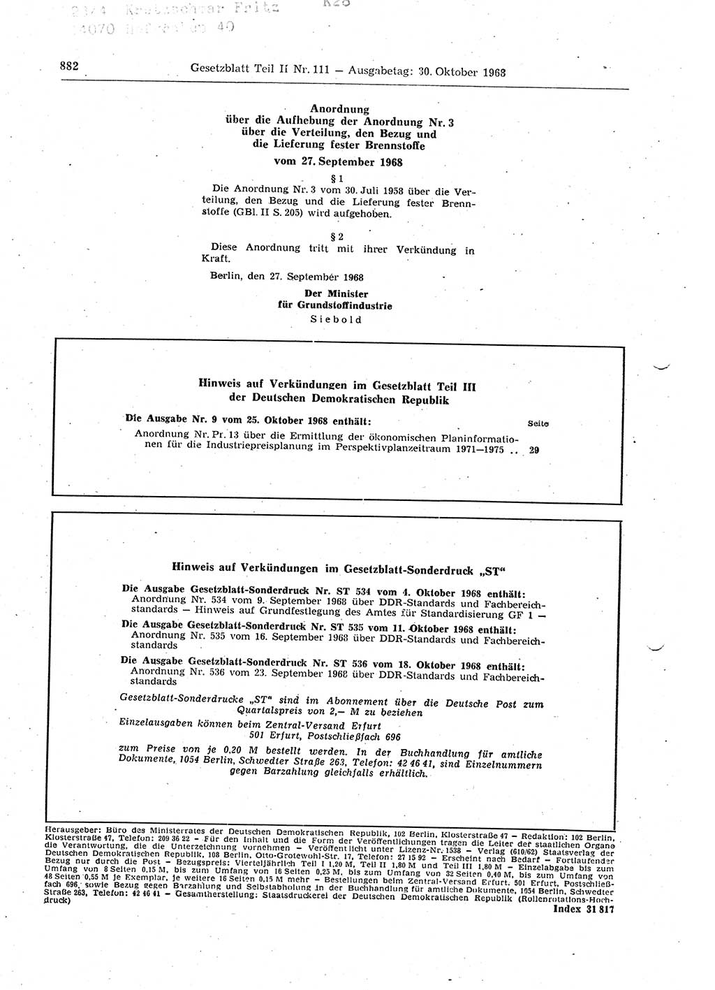 Gesetzblatt (GBl.) der Deutschen Demokratischen Republik (DDR) Teil ⅠⅠ 1968, Seite 882 (GBl. DDR ⅠⅠ 1968, S. 882)