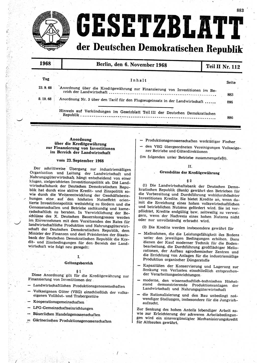 Gesetzblatt (GBl.) der Deutschen Demokratischen Republik (DDR) Teil ⅠⅠ 1968, Seite 883 (GBl. DDR ⅠⅠ 1968, S. 883)