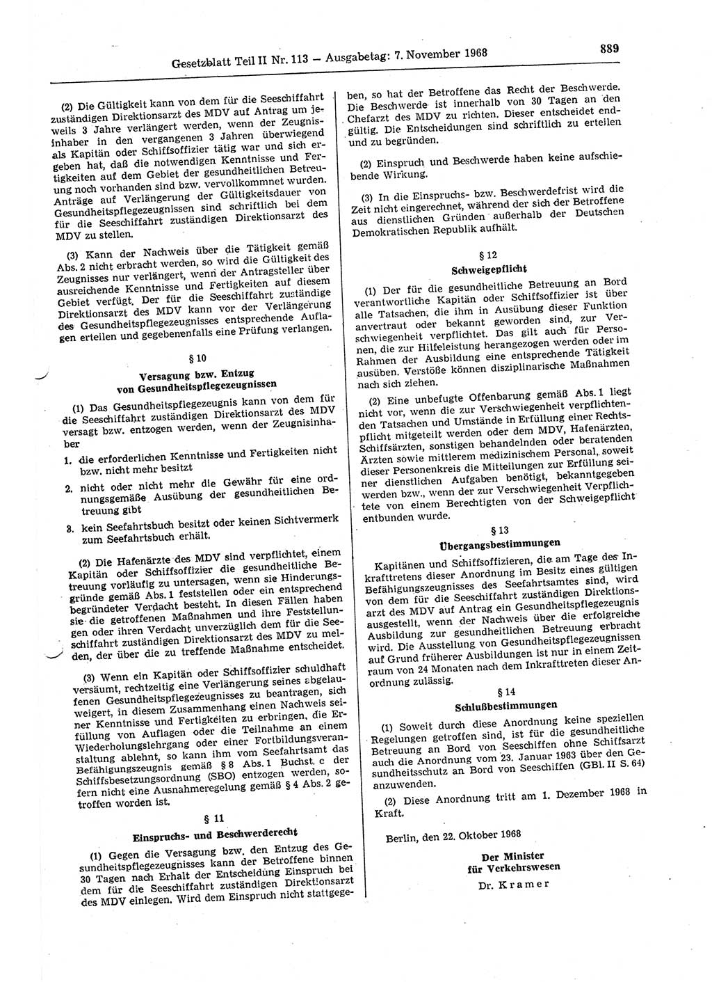 Gesetzblatt (GBl.) der Deutschen Demokratischen Republik (DDR) Teil ⅠⅠ 1968, Seite 889 (GBl. DDR ⅠⅠ 1968, S. 889)