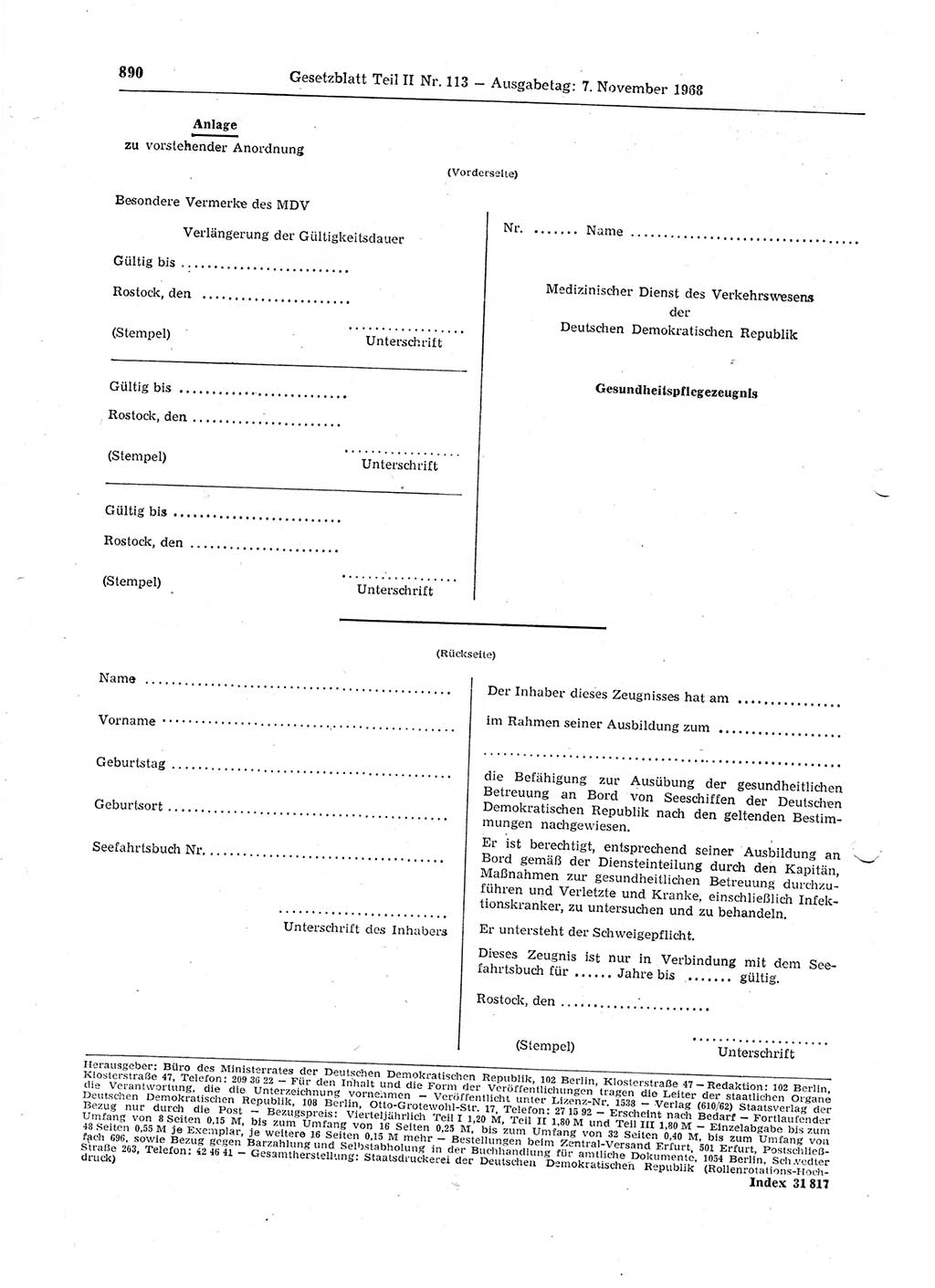 Gesetzblatt (GBl.) der Deutschen Demokratischen Republik (DDR) Teil ⅠⅠ 1968, Seite 890 (GBl. DDR ⅠⅠ 1968, S. 890)