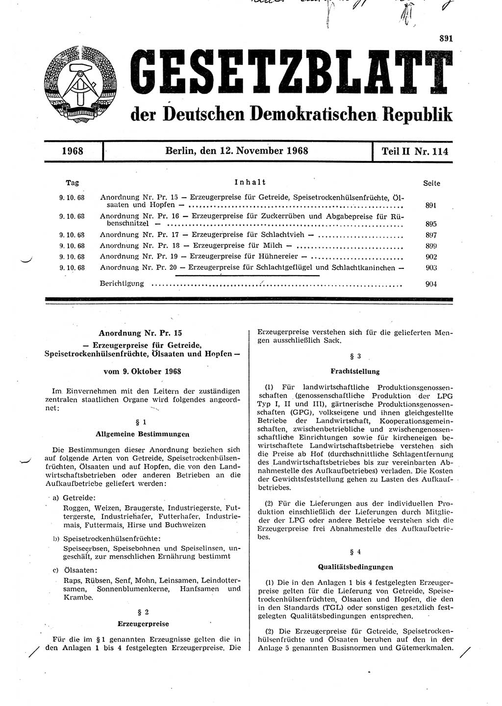 Gesetzblatt (GBl.) der Deutschen Demokratischen Republik (DDR) Teil ⅠⅠ 1968, Seite 891 (GBl. DDR ⅠⅠ 1968, S. 891)
