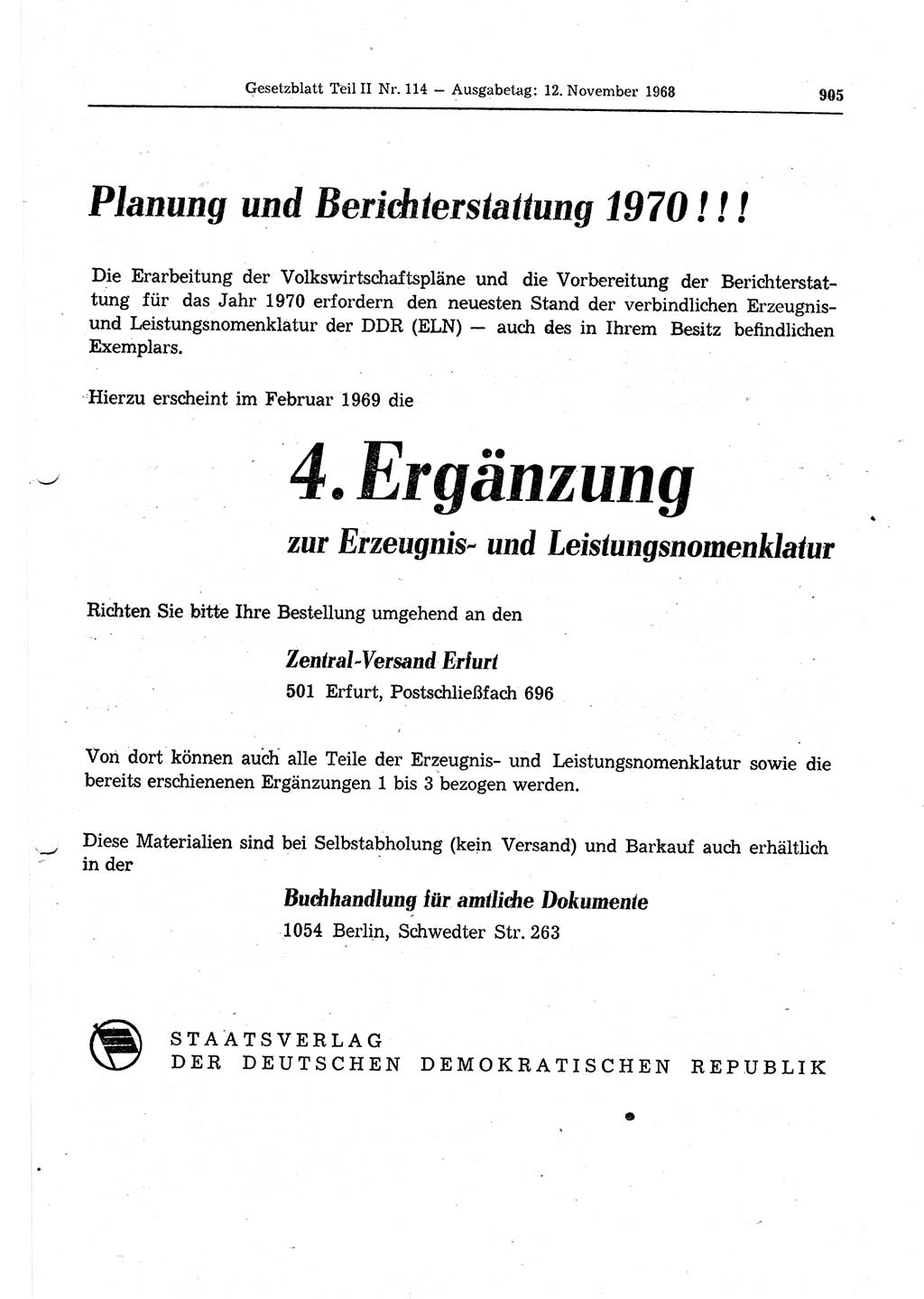 Gesetzblatt (GBl.) der Deutschen Demokratischen Republik (DDR) Teil ⅠⅠ 1968, Seite 905 (GBl. DDR ⅠⅠ 1968, S. 905)