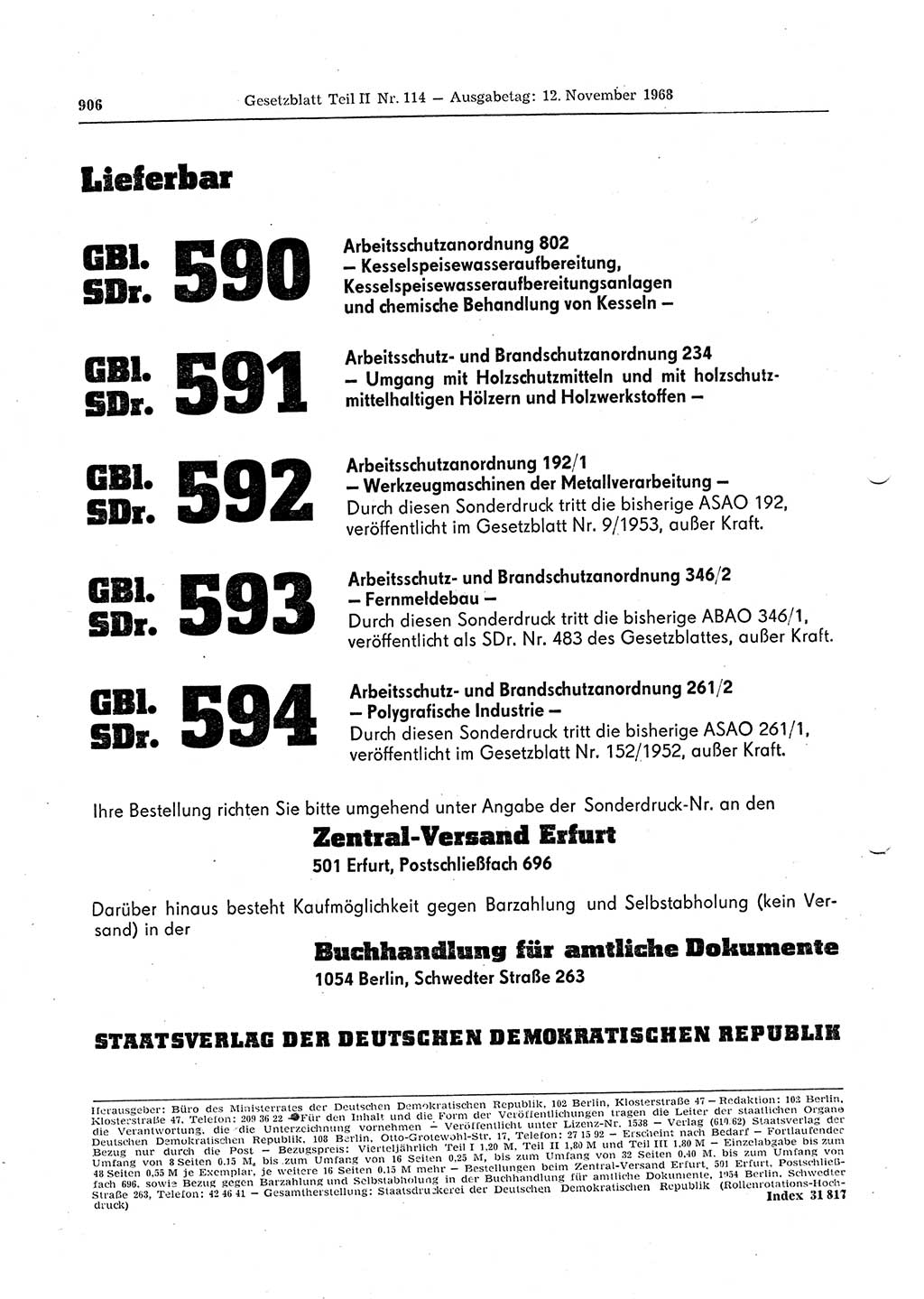 Gesetzblatt (GBl.) der Deutschen Demokratischen Republik (DDR) Teil ⅠⅠ 1968, Seite 906 (GBl. DDR ⅠⅠ 1968, S. 906)