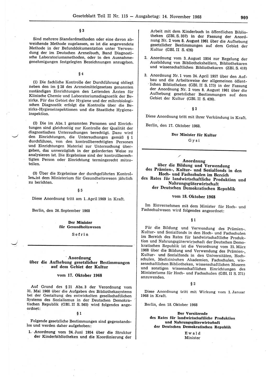 Gesetzblatt (GBl.) der Deutschen Demokratischen Republik (DDR) Teil ⅠⅠ 1968, Seite 909 (GBl. DDR ⅠⅠ 1968, S. 909)