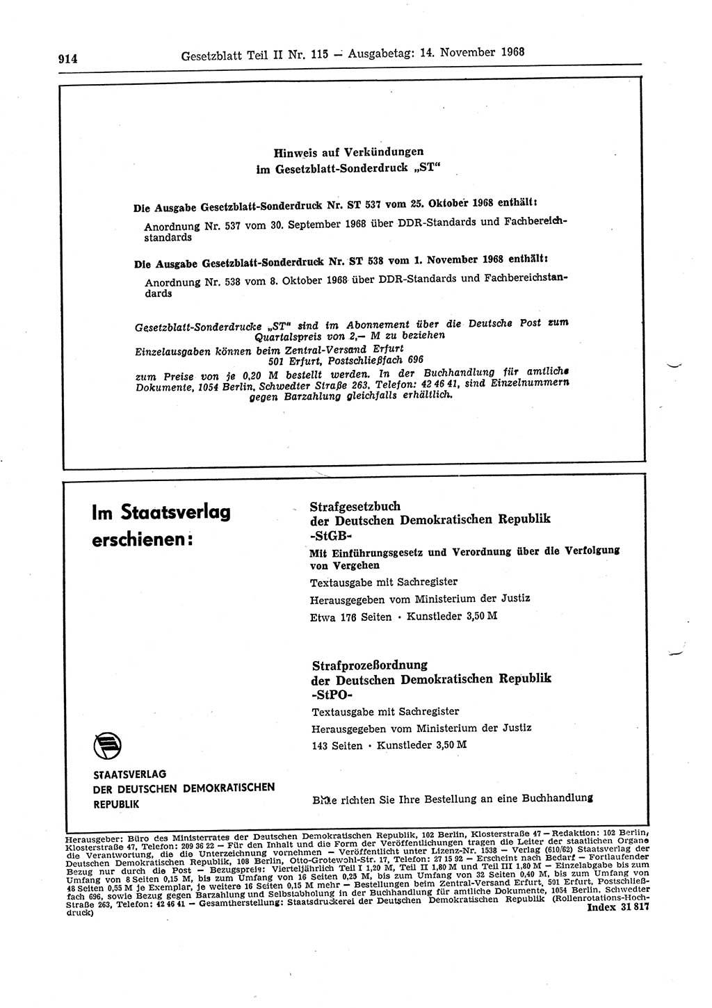 Gesetzblatt (GBl.) der Deutschen Demokratischen Republik (DDR) Teil ⅠⅠ 1968, Seite 914 (GBl. DDR ⅠⅠ 1968, S. 914)