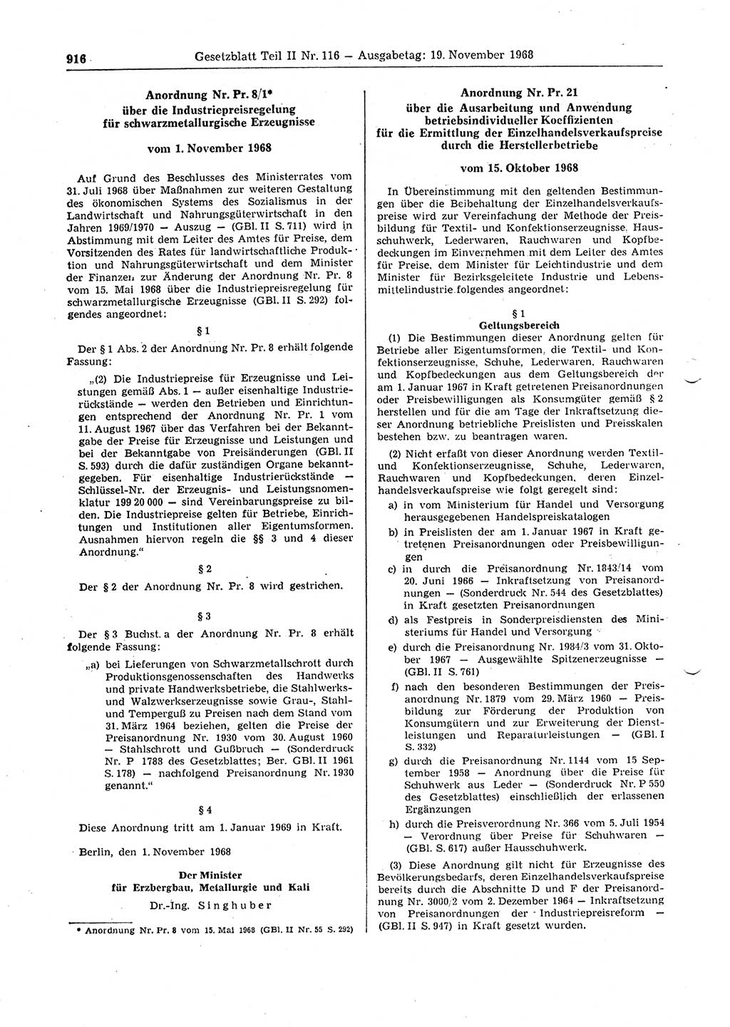 Gesetzblatt (GBl.) der Deutschen Demokratischen Republik (DDR) Teil ⅠⅠ 1968, Seite 916 (GBl. DDR ⅠⅠ 1968, S. 916)