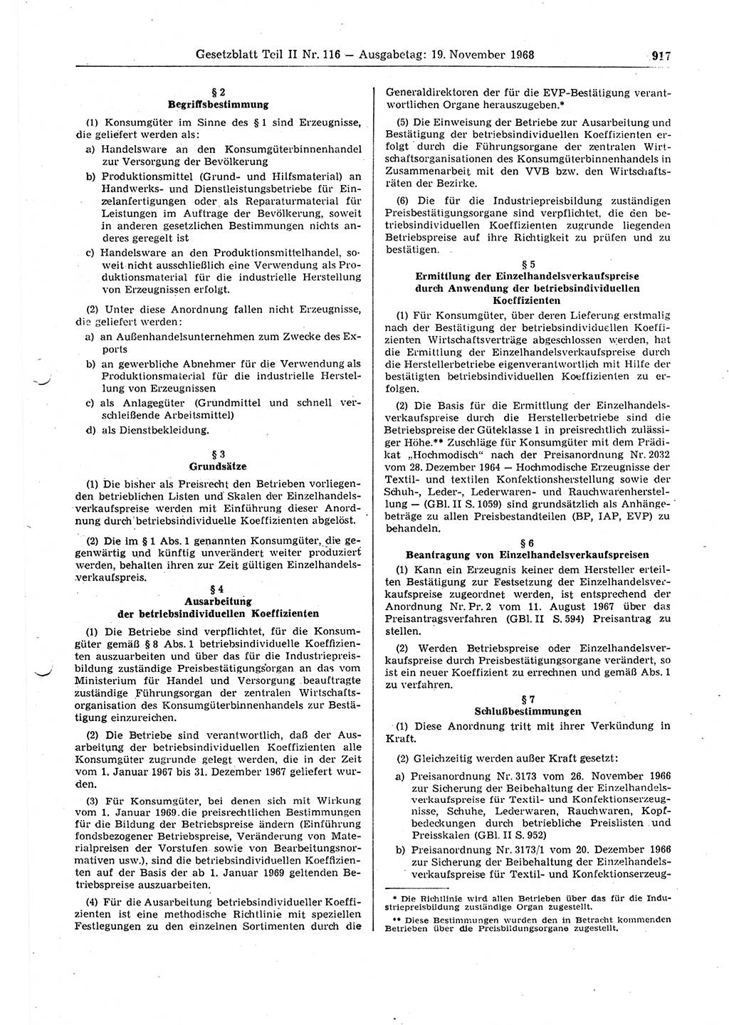 Gesetzblatt (GBl.) der Deutschen Demokratischen Republik (DDR) Teil ⅠⅠ 1968, Seite 917 (GBl. DDR ⅠⅠ 1968, S. 917)