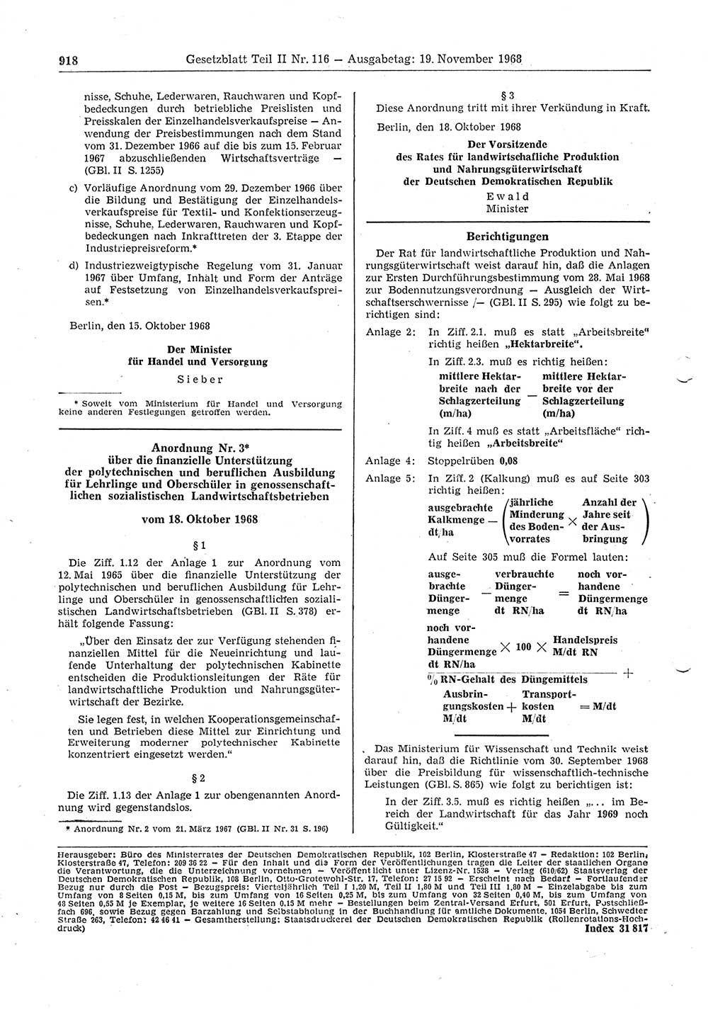 Gesetzblatt (GBl.) der Deutschen Demokratischen Republik (DDR) Teil ⅠⅠ 1968, Seite 918 (GBl. DDR ⅠⅠ 1968, S. 918)