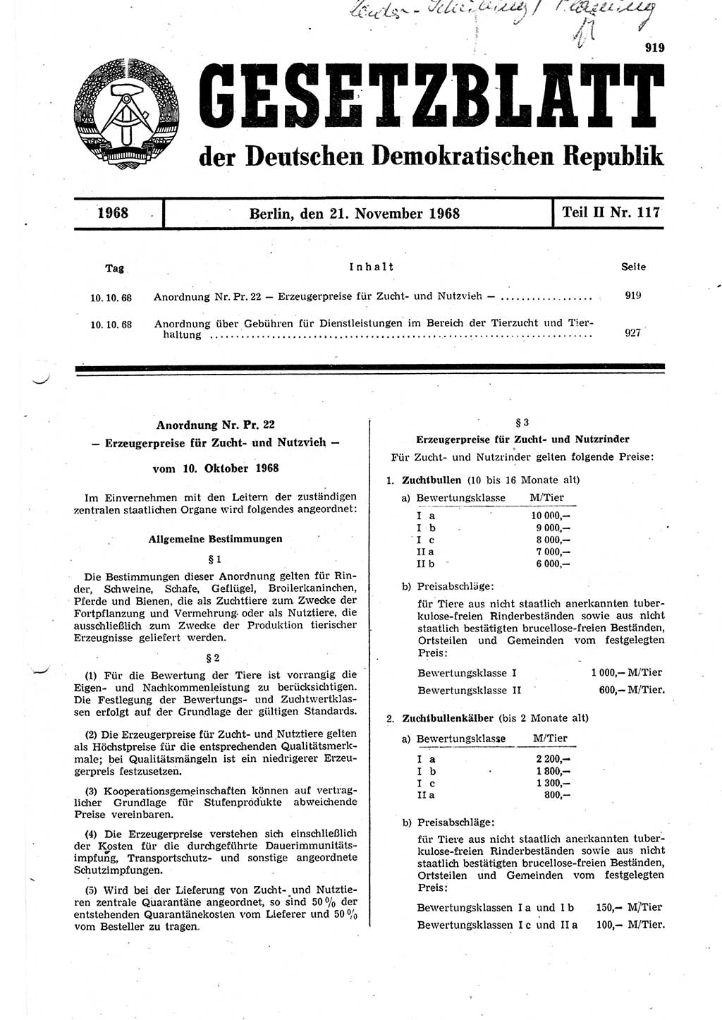 Gesetzblatt (GBl.) der Deutschen Demokratischen Republik (DDR) Teil ⅠⅠ 1968, Seite 919 (GBl. DDR ⅠⅠ 1968, S. 919)