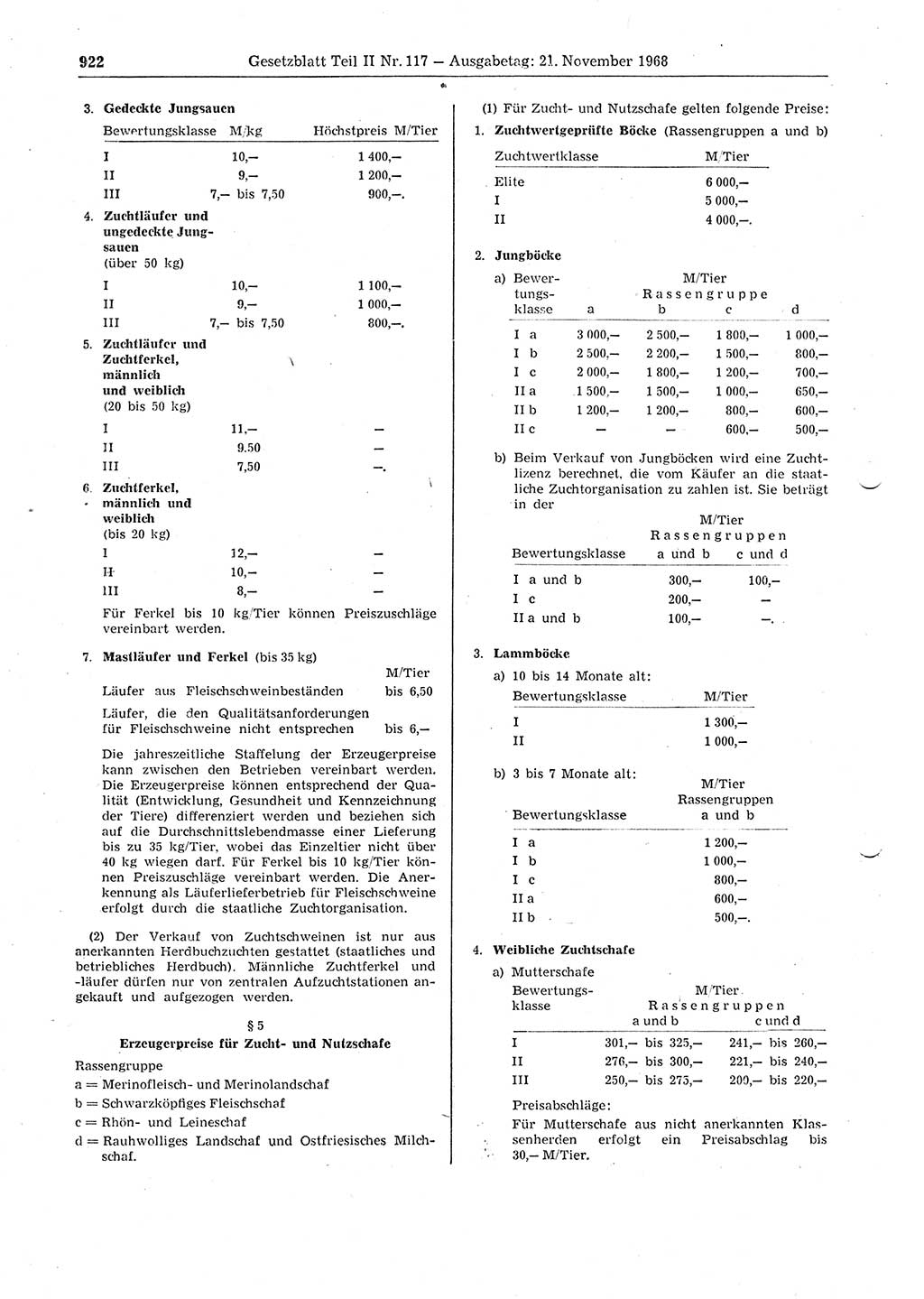 Gesetzblatt (GBl.) der Deutschen Demokratischen Republik (DDR) Teil ⅠⅠ 1968, Seite 922 (GBl. DDR ⅠⅠ 1968, S. 922)