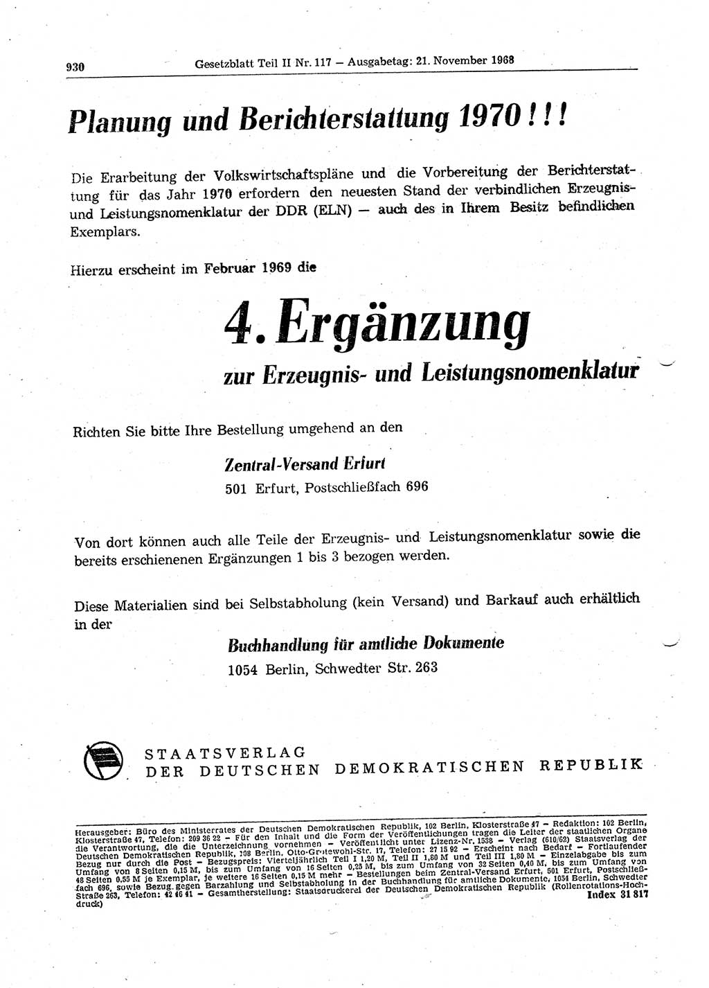 Gesetzblatt (GBl.) der Deutschen Demokratischen Republik (DDR) Teil ⅠⅠ 1968, Seite 930 (GBl. DDR ⅠⅠ 1968, S. 930)