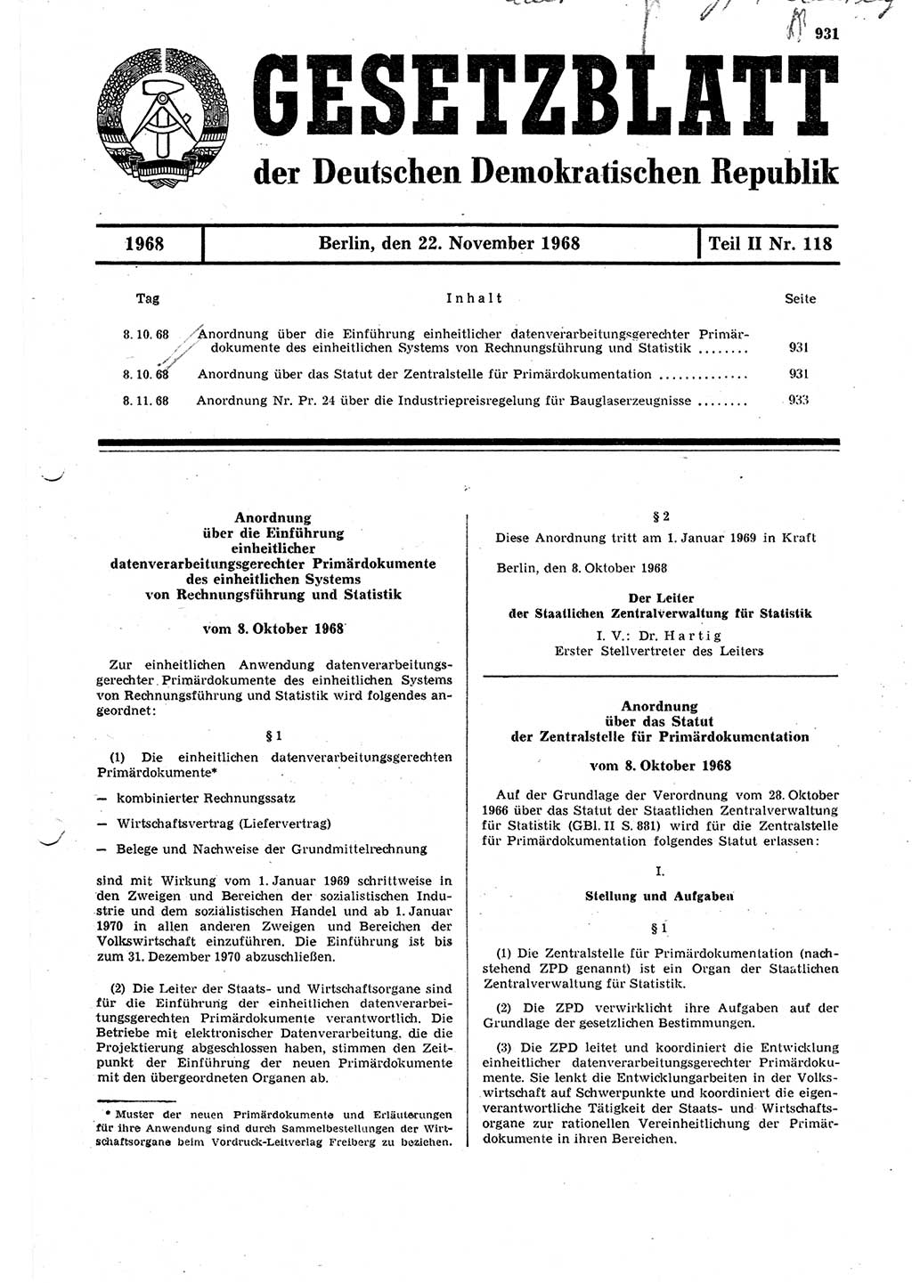 Gesetzblatt (GBl.) der Deutschen Demokratischen Republik (DDR) Teil ⅠⅠ 1968, Seite 931 (GBl. DDR ⅠⅠ 1968, S. 931)