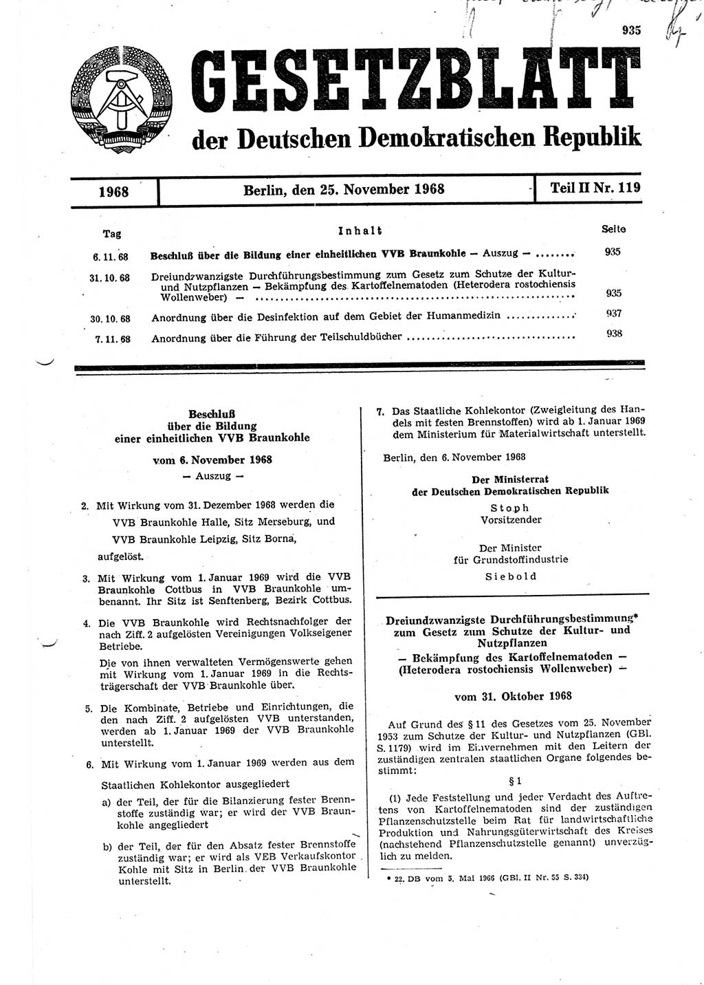 Gesetzblatt (GBl.) der Deutschen Demokratischen Republik (DDR) Teil ⅠⅠ 1968, Seite 935 (GBl. DDR ⅠⅠ 1968, S. 935)