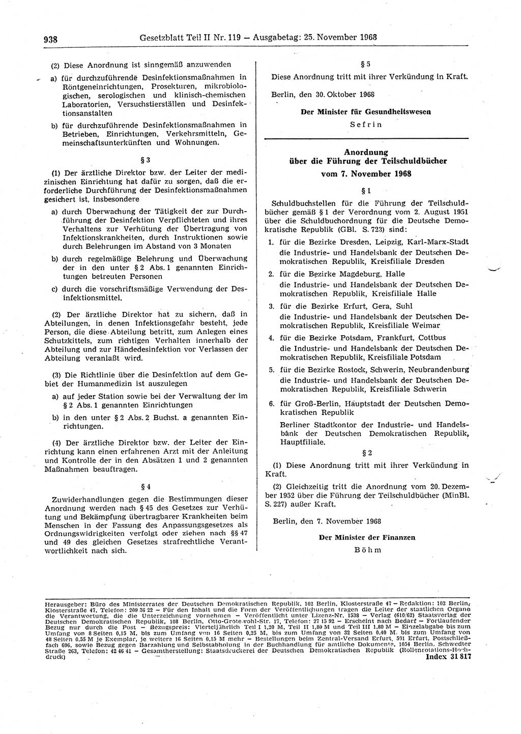 Gesetzblatt (GBl.) der Deutschen Demokratischen Republik (DDR) Teil ⅠⅠ 1968, Seite 938 (GBl. DDR ⅠⅠ 1968, S. 938)