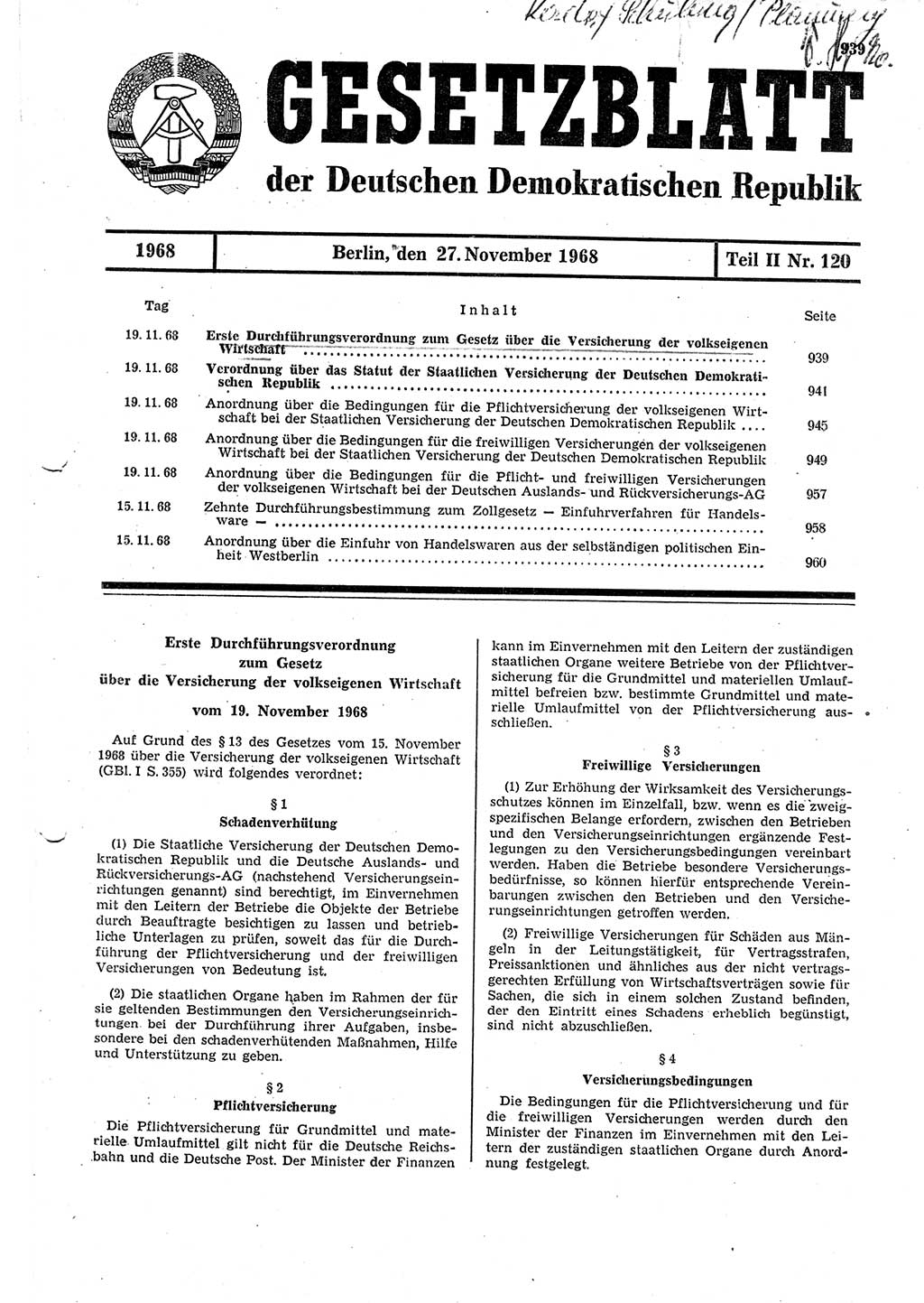 Gesetzblatt (GBl.) der Deutschen Demokratischen Republik (DDR) Teil ⅠⅠ 1968, Seite 939 (GBl. DDR ⅠⅠ 1968, S. 939)