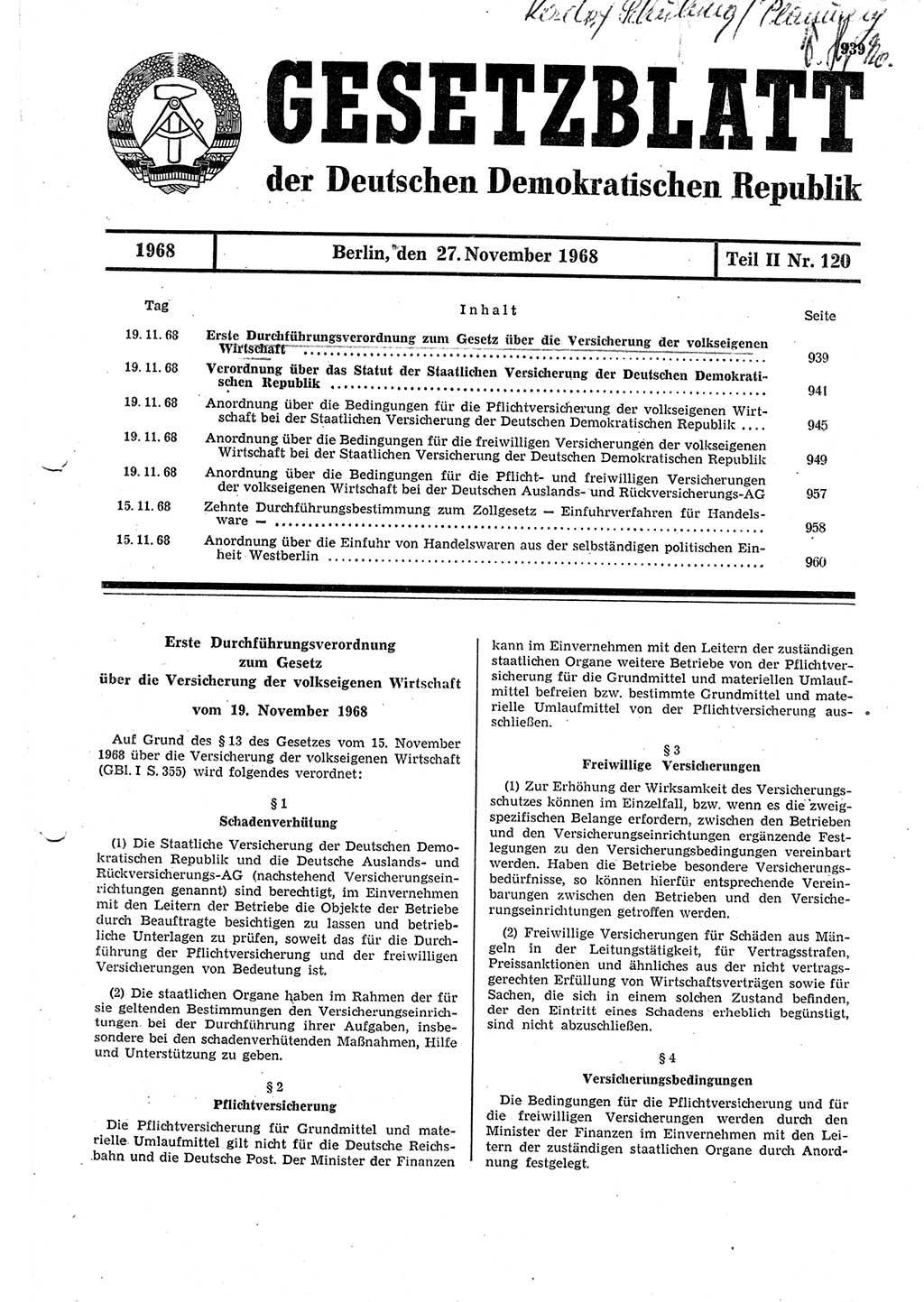 Gesetzblatt (GBl.) der Deutschen Demokratischen Republik (DDR) Teil ⅠⅠ 1968, Seite 939 (GBl. DDR ⅠⅠ 1968, S. 939)