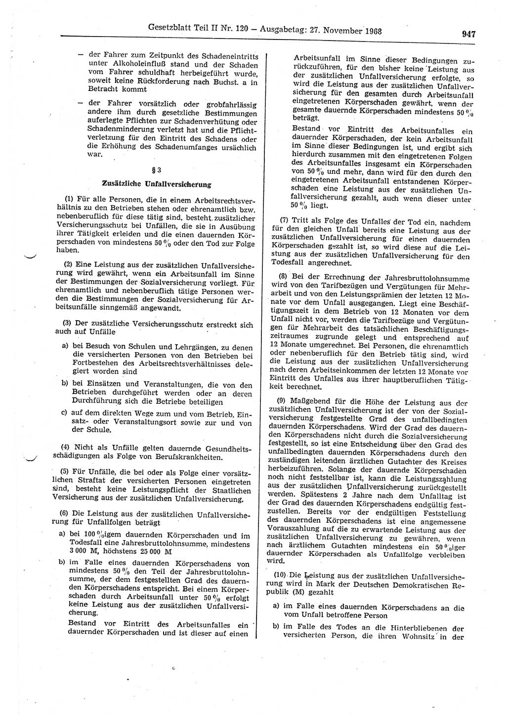 Gesetzblatt (GBl.) der Deutschen Demokratischen Republik (DDR) Teil ⅠⅠ 1968, Seite 947 (GBl. DDR ⅠⅠ 1968, S. 947)