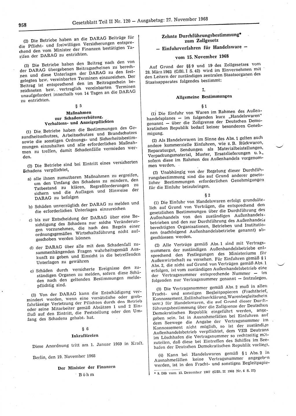Gesetzblatt (GBl.) der Deutschen Demokratischen Republik (DDR) Teil ⅠⅠ 1968, Seite 958 (GBl. DDR ⅠⅠ 1968, S. 958)