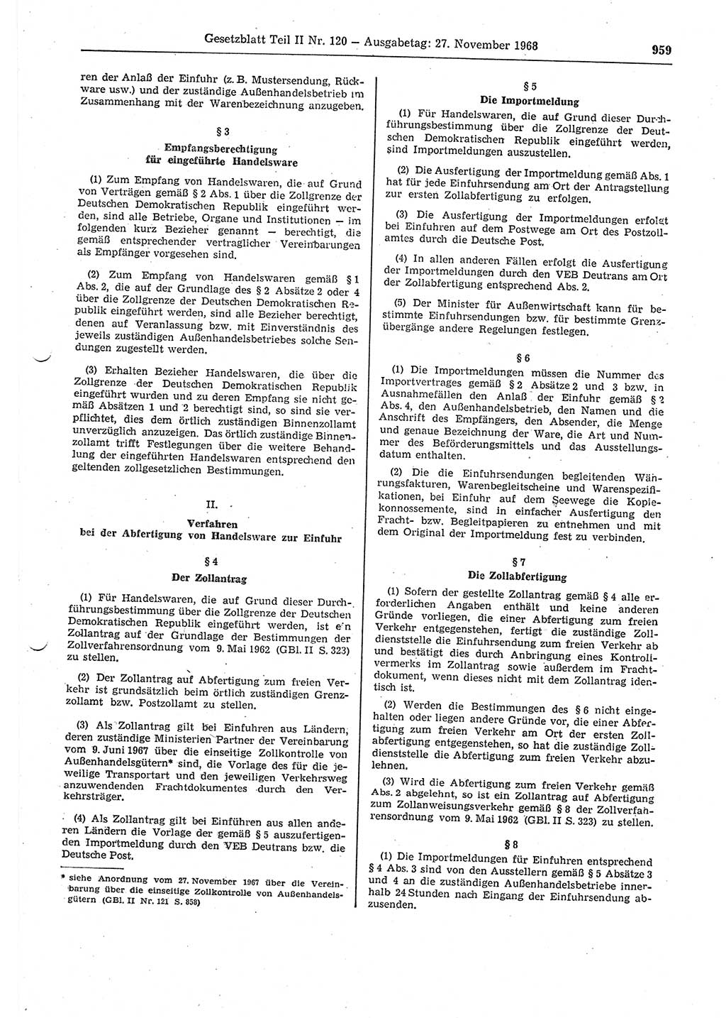 Gesetzblatt (GBl.) der Deutschen Demokratischen Republik (DDR) Teil ⅠⅠ 1968, Seite 959 (GBl. DDR ⅠⅠ 1968, S. 959)