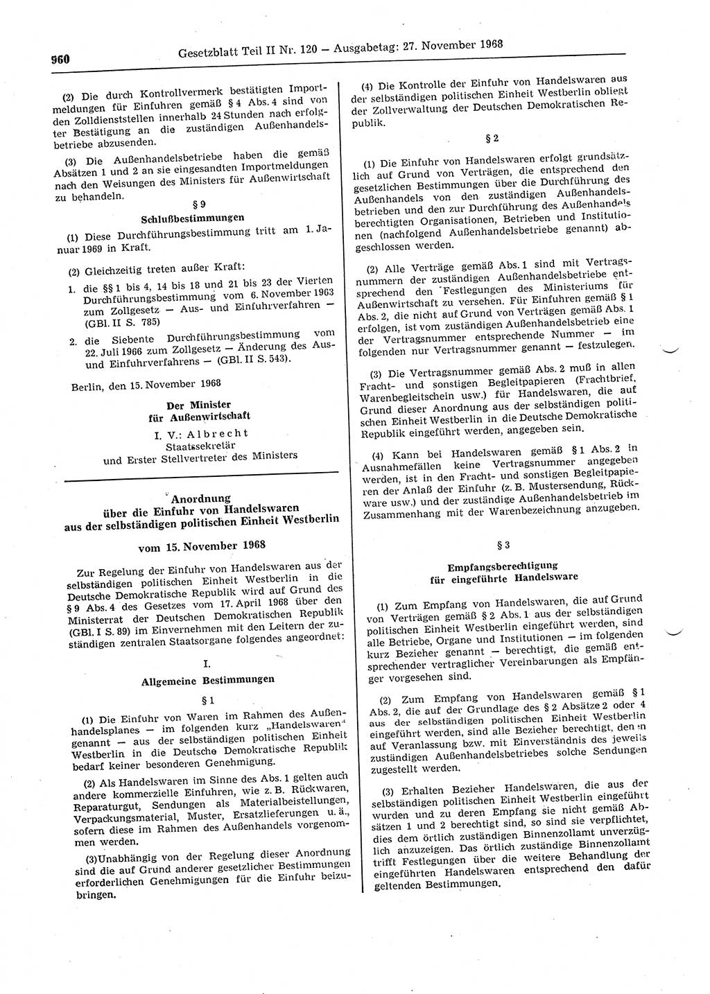 Gesetzblatt (GBl.) der Deutschen Demokratischen Republik (DDR) Teil ⅠⅠ 1968, Seite 960 (GBl. DDR ⅠⅠ 1968, S. 960)