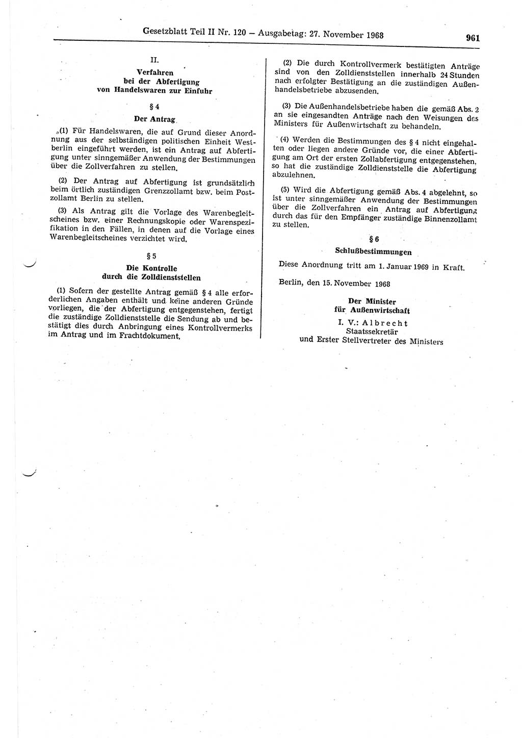 Gesetzblatt (GBl.) der Deutschen Demokratischen Republik (DDR) Teil ⅠⅠ 1968, Seite 961 (GBl. DDR ⅠⅠ 1968, S. 961)