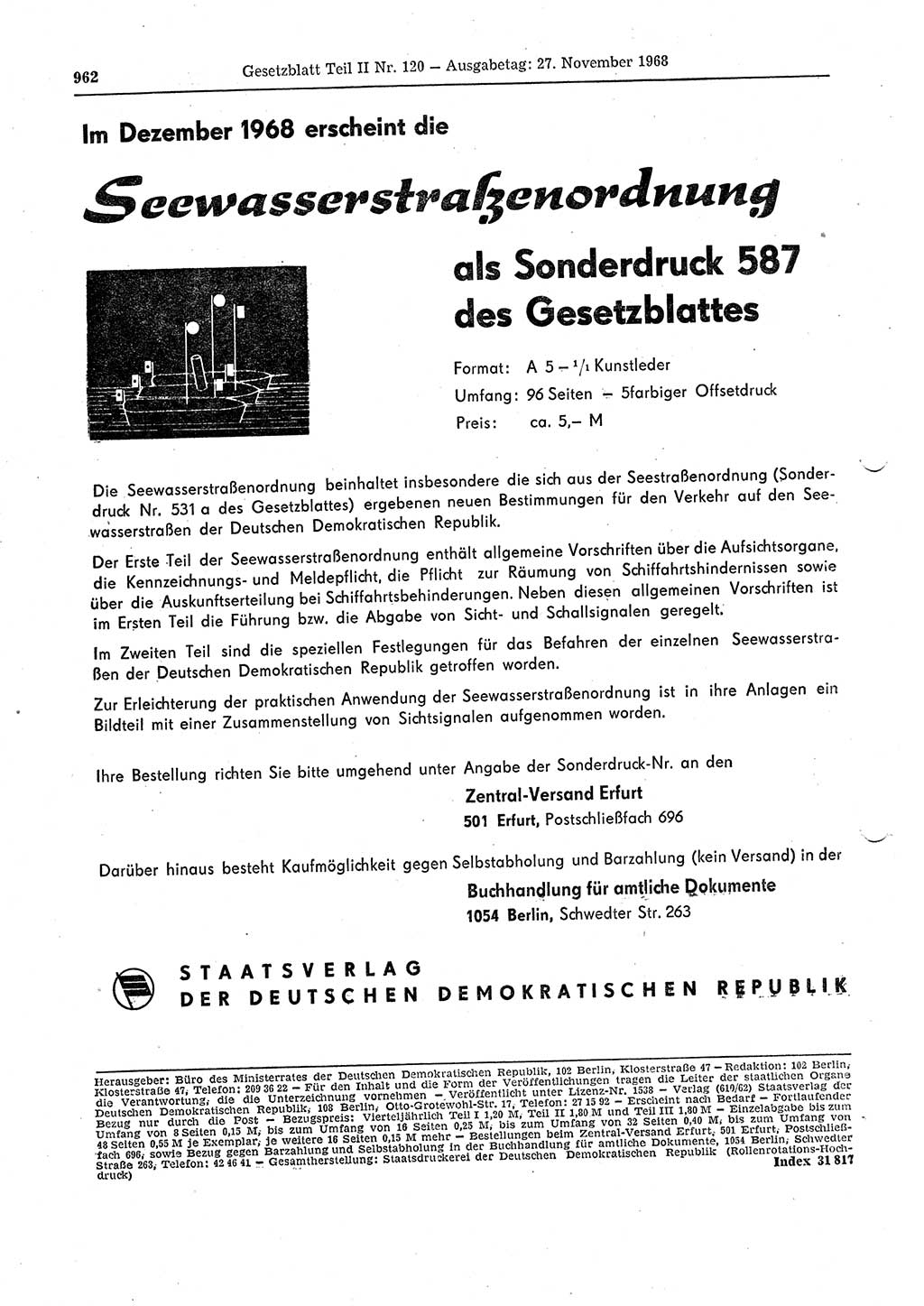 Gesetzblatt (GBl.) der Deutschen Demokratischen Republik (DDR) Teil ⅠⅠ 1968, Seite 962 (GBl. DDR ⅠⅠ 1968, S. 962)