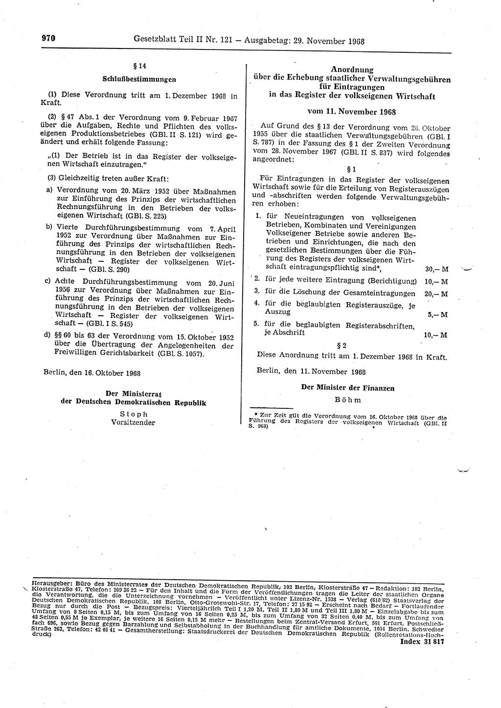 Gesetzblatt (GBl.) der Deutschen Demokratischen Republik (DDR) Teil ⅠⅠ 1968, Seite 970 (GBl. DDR ⅠⅠ 1968, S. 970)