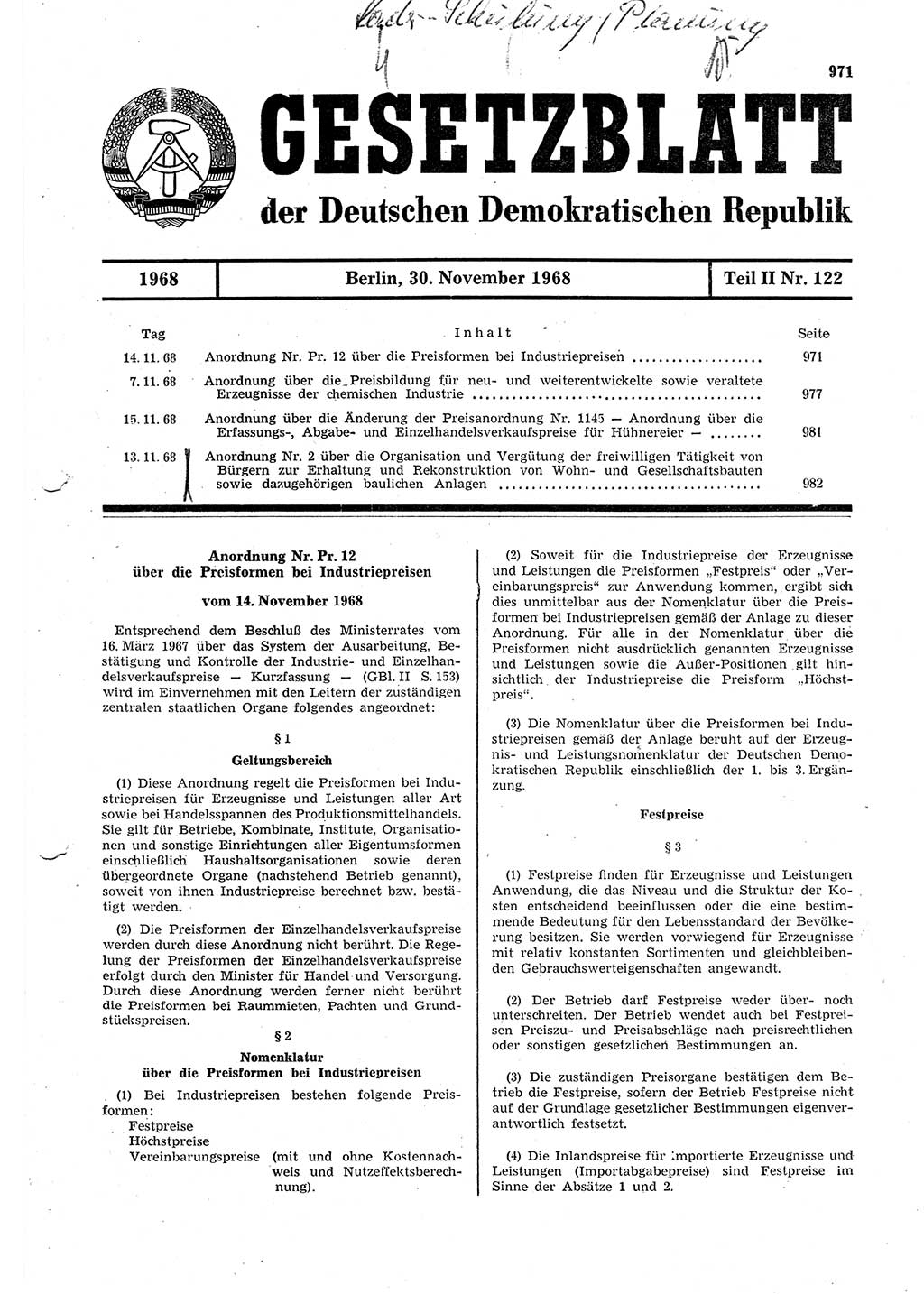 Gesetzblatt (GBl.) der Deutschen Demokratischen Republik (DDR) Teil ⅠⅠ 1968, Seite 971 (GBl. DDR ⅠⅠ 1968, S. 971)