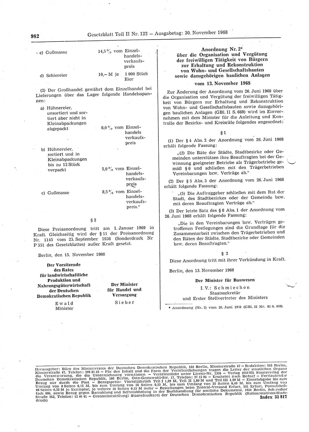 Gesetzblatt (GBl.) der Deutschen Demokratischen Republik (DDR) Teil ⅠⅠ 1968, Seite 982 (GBl. DDR ⅠⅠ 1968, S. 982)