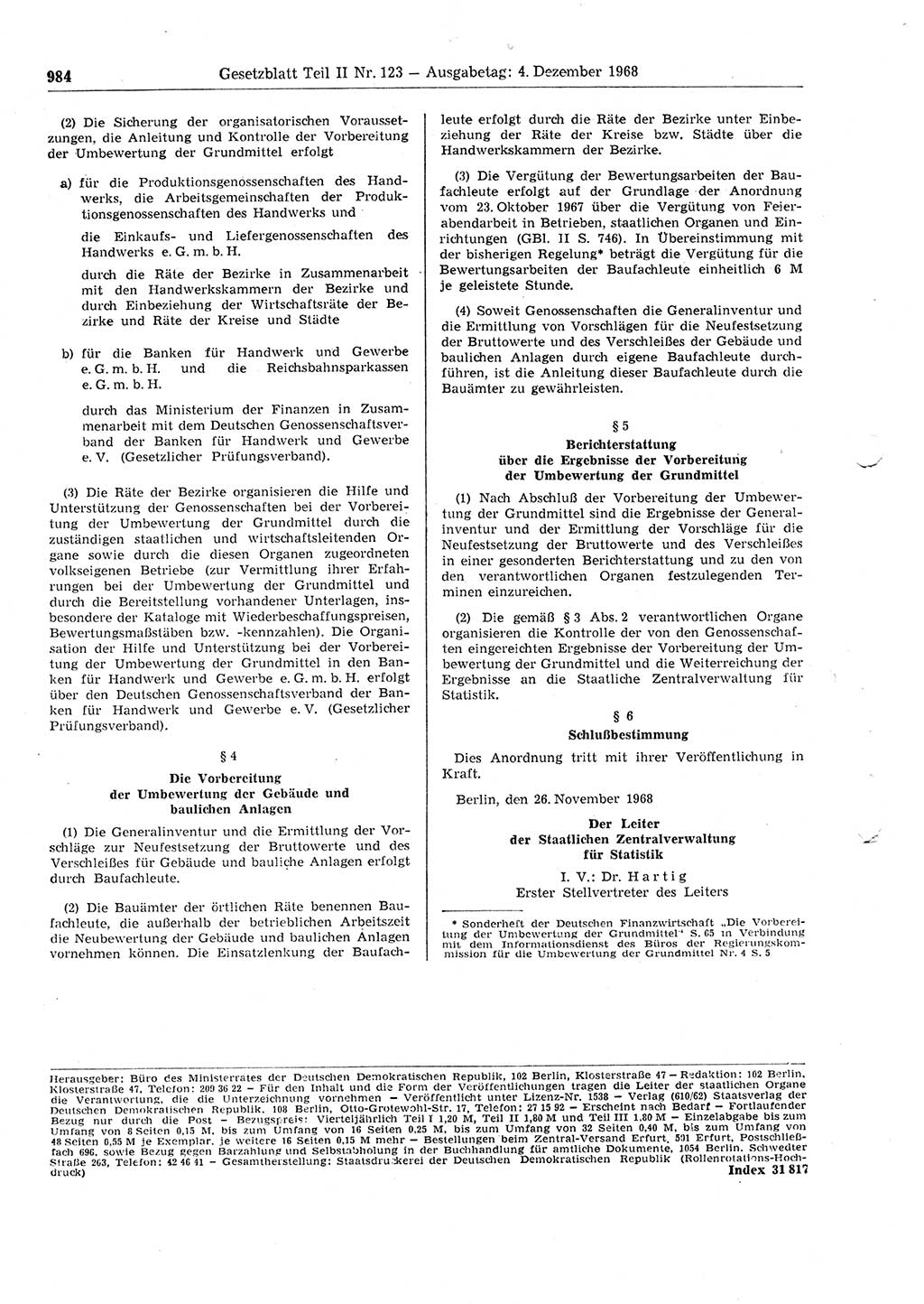 Gesetzblatt (GBl.) der Deutschen Demokratischen Republik (DDR) Teil ⅠⅠ 1968, Seite 984 (GBl. DDR ⅠⅠ 1968, S. 984)