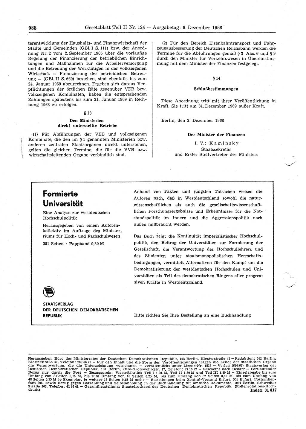 Gesetzblatt (GBl.) der Deutschen Demokratischen Republik (DDR) Teil ⅠⅠ 1968, Seite 988 (GBl. DDR ⅠⅠ 1968, S. 988)