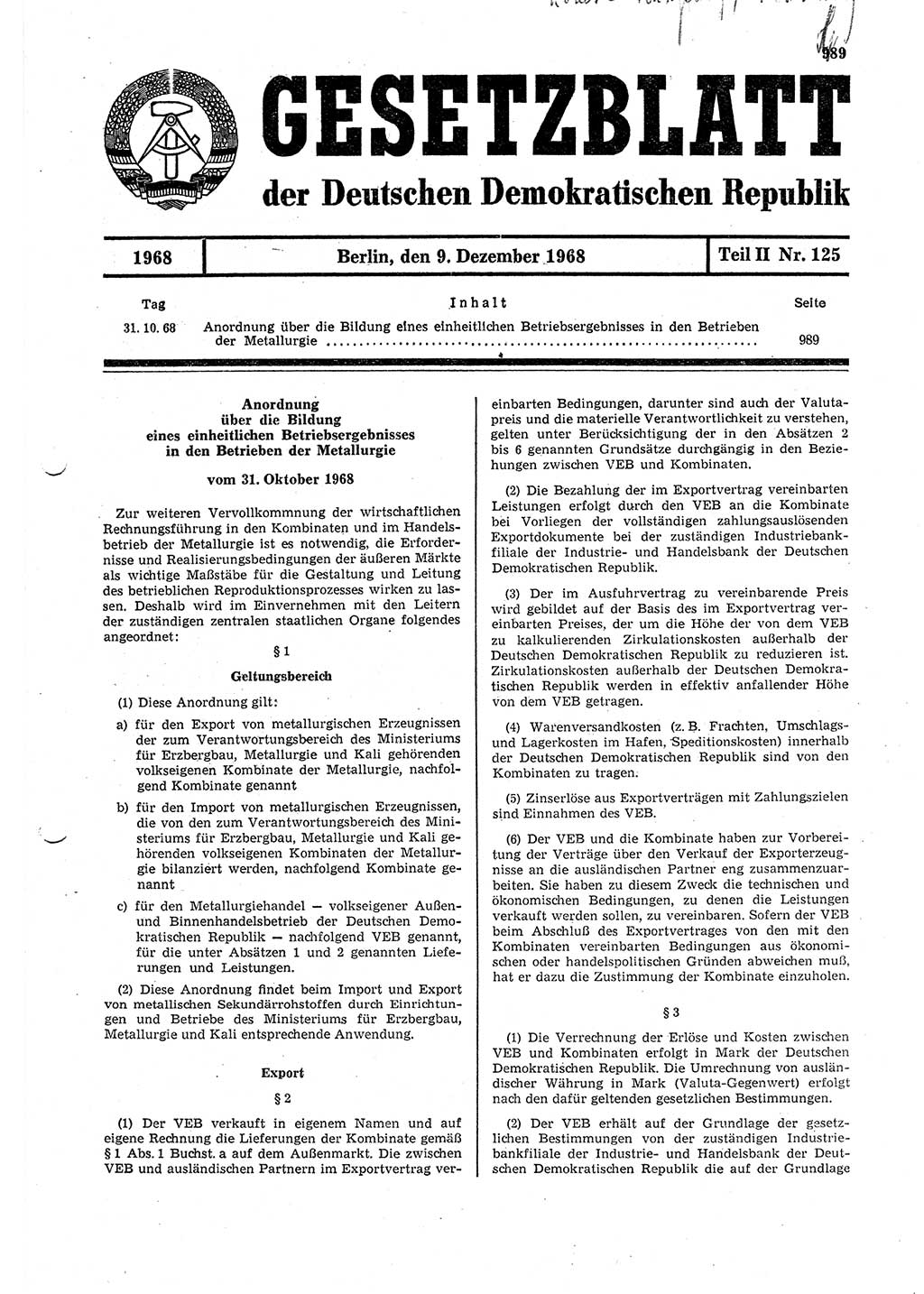 Gesetzblatt (GBl.) der Deutschen Demokratischen Republik (DDR) Teil ⅠⅠ 1968, Seite 989 (GBl. DDR ⅠⅠ 1968, S. 989)