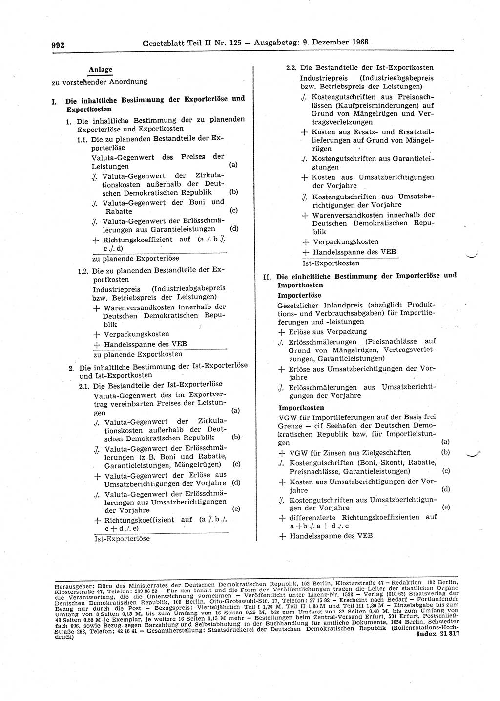 Gesetzblatt (GBl.) der Deutschen Demokratischen Republik (DDR) Teil ⅠⅠ 1968, Seite 992 (GBl. DDR ⅠⅠ 1968, S. 992)