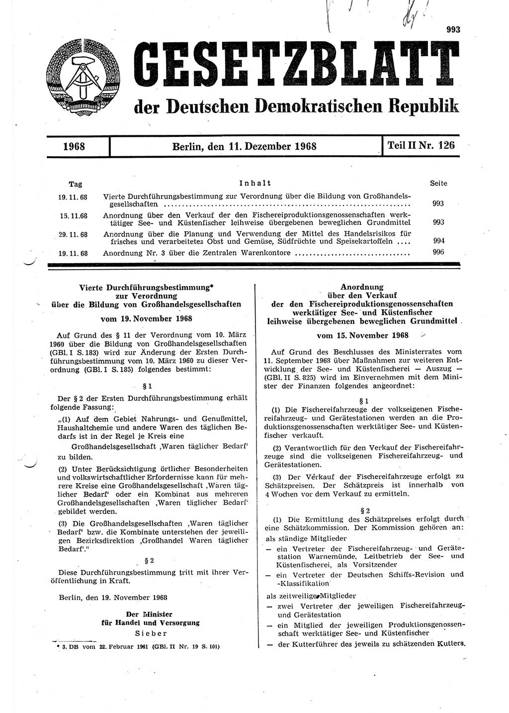 Gesetzblatt (GBl.) der Deutschen Demokratischen Republik (DDR) Teil ⅠⅠ 1968, Seite 993 (GBl. DDR ⅠⅠ 1968, S. 993)