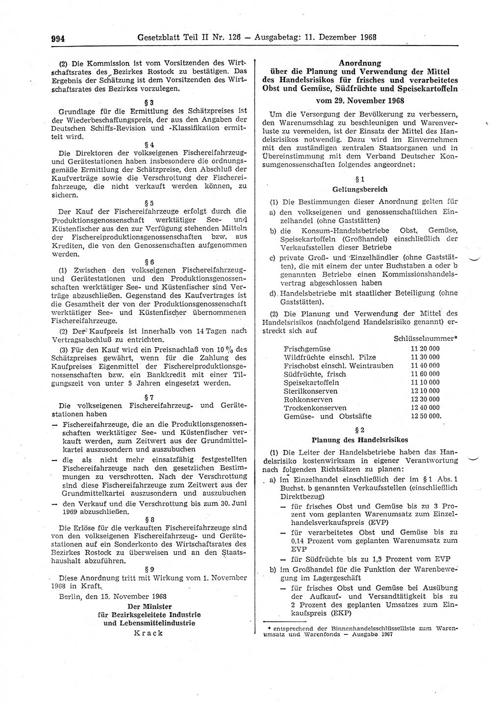 Gesetzblatt (GBl.) der Deutschen Demokratischen Republik (DDR) Teil ⅠⅠ 1968, Seite 994 (GBl. DDR ⅠⅠ 1968, S. 994)
