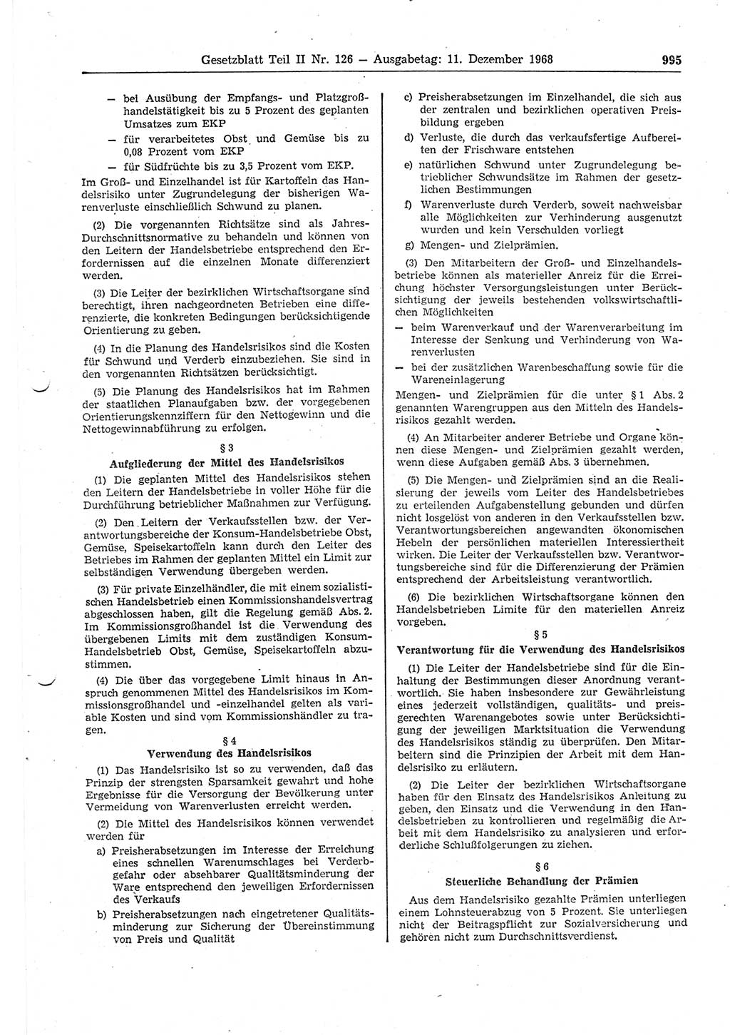 Gesetzblatt (GBl.) der Deutschen Demokratischen Republik (DDR) Teil ⅠⅠ 1968, Seite 995 (GBl. DDR ⅠⅠ 1968, S. 995)