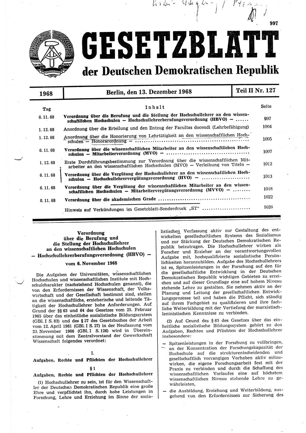 Gesetzblatt (GBl.) der Deutschen Demokratischen Republik (DDR) Teil ⅠⅠ 1968, Seite 997 (GBl. DDR ⅠⅠ 1968, S. 997)