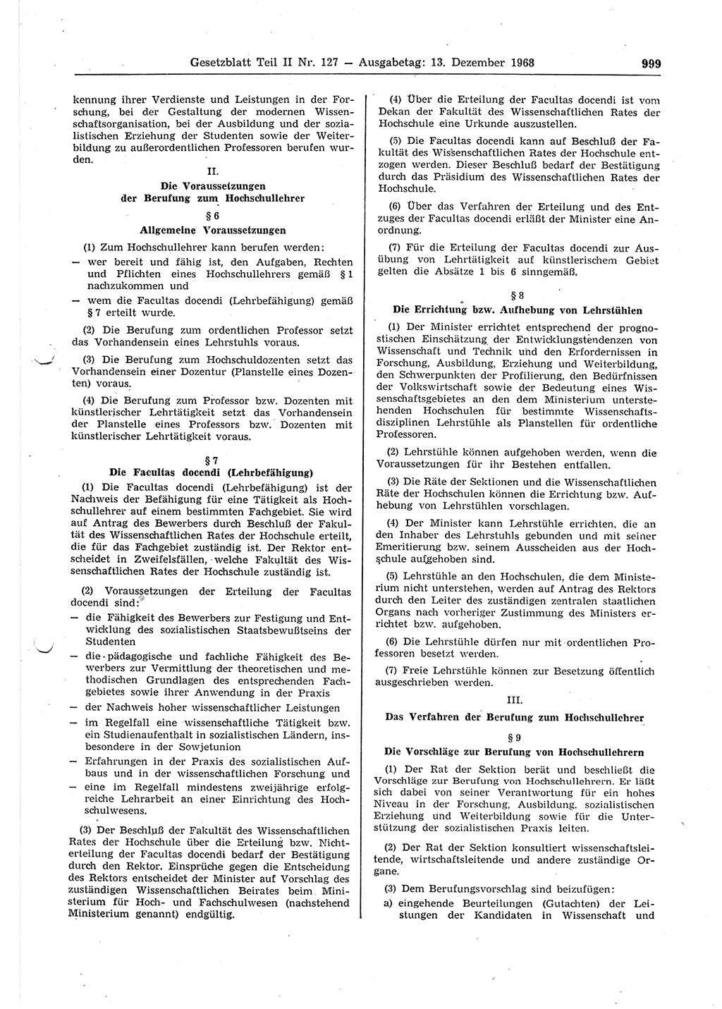 Gesetzblatt (GBl.) der Deutschen Demokratischen Republik (DDR) Teil ⅠⅠ 1968, Seite 999 (GBl. DDR ⅠⅠ 1968, S. 999)
