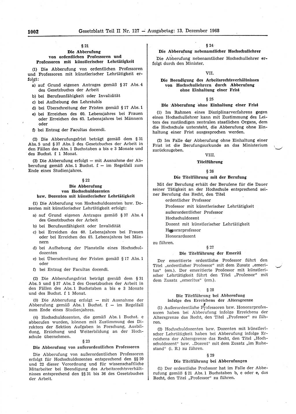 Gesetzblatt (GBl.) der Deutschen Demokratischen Republik (DDR) Teil ⅠⅠ 1968, Seite 1002 (GBl. DDR ⅠⅠ 1968, S. 1002)