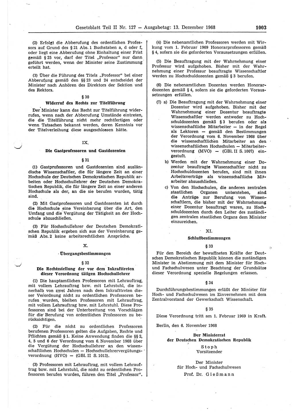 Gesetzblatt (GBl.) der Deutschen Demokratischen Republik (DDR) Teil ⅠⅠ 1968, Seite 1003 (GBl. DDR ⅠⅠ 1968, S. 1003)