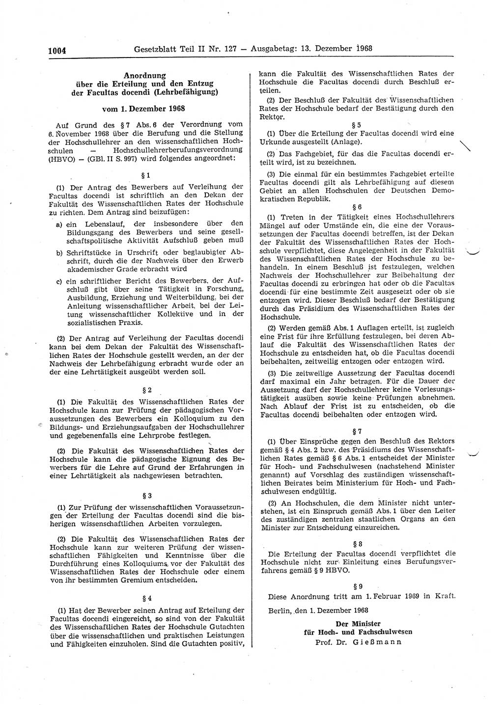 Gesetzblatt (GBl.) der Deutschen Demokratischen Republik (DDR) Teil ⅠⅠ 1968, Seite 1004 (GBl. DDR ⅠⅠ 1968, S. 1004)
