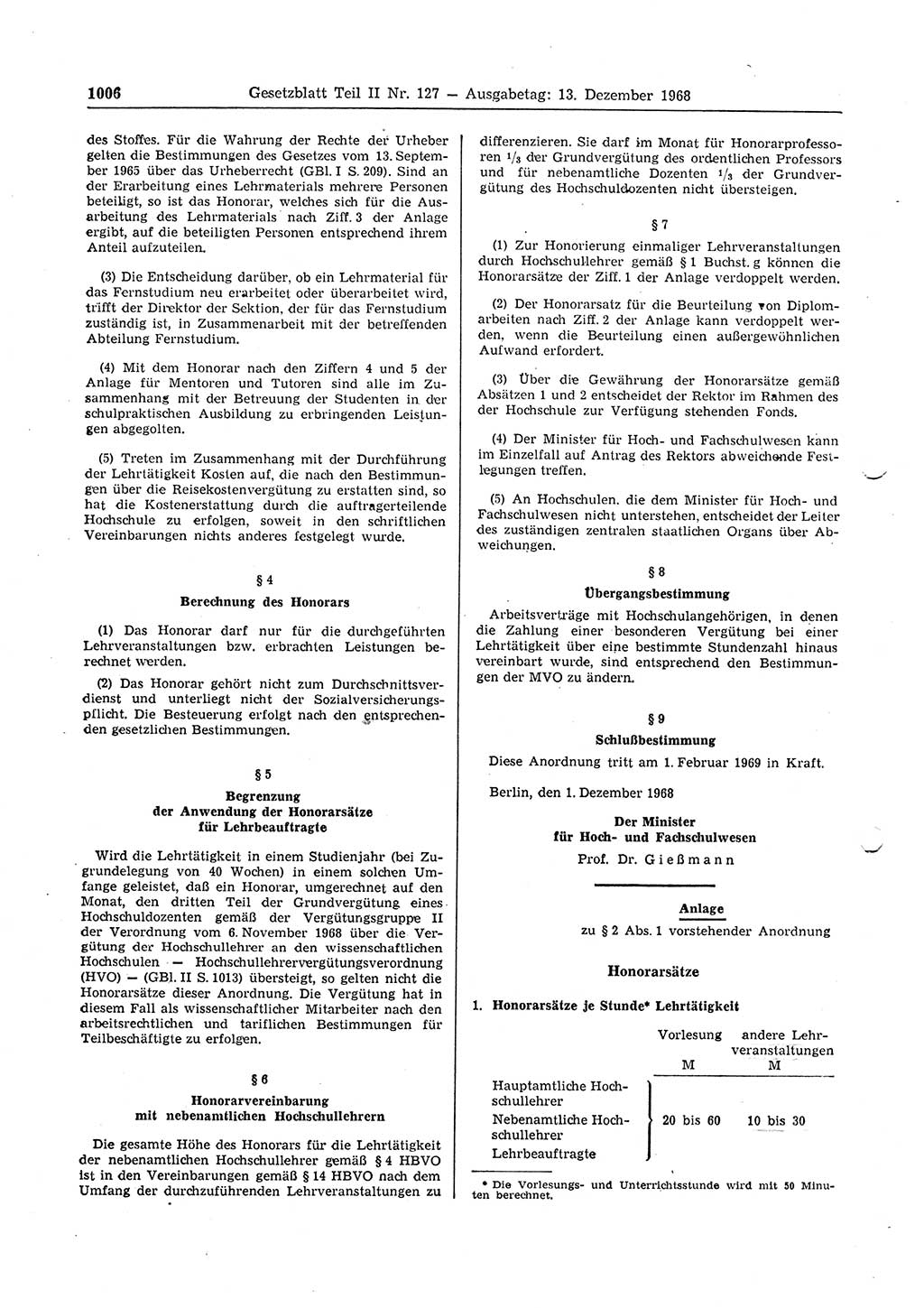 Gesetzblatt (GBl.) der Deutschen Demokratischen Republik (DDR) Teil ⅠⅠ 1968, Seite 1006 (GBl. DDR ⅠⅠ 1968, S. 1006)