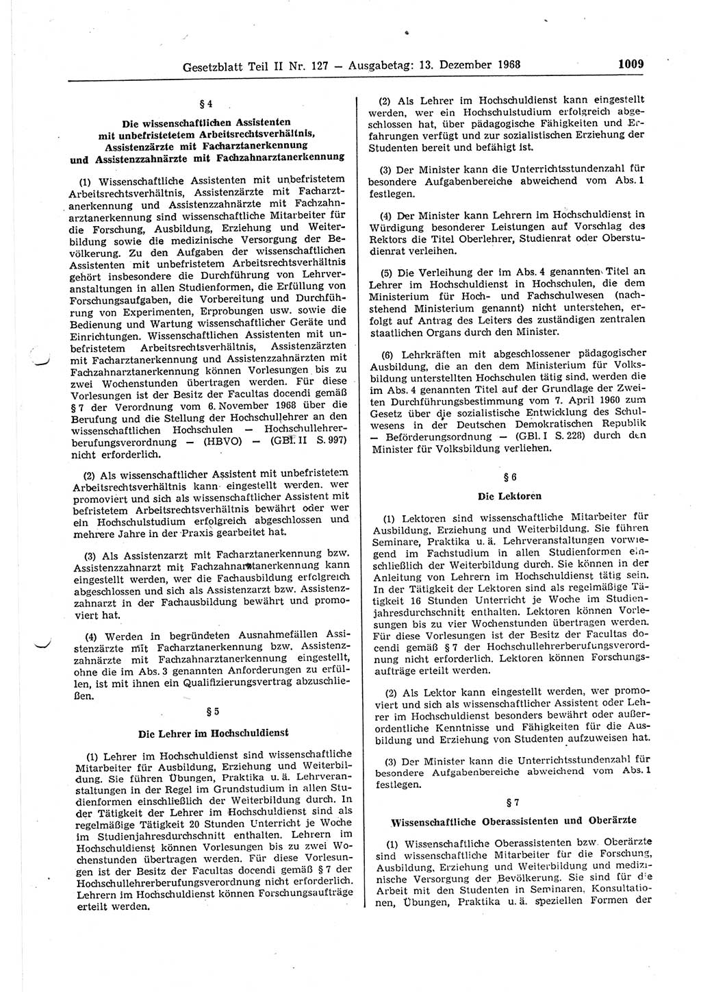 Gesetzblatt (GBl.) der Deutschen Demokratischen Republik (DDR) Teil ⅠⅠ 1968, Seite 1009 (GBl. DDR ⅠⅠ 1968, S. 1009)