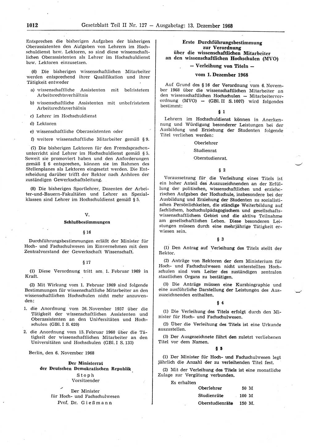 Gesetzblatt (GBl.) der Deutschen Demokratischen Republik (DDR) Teil ⅠⅠ 1968, Seite 1012 (GBl. DDR ⅠⅠ 1968, S. 1012)